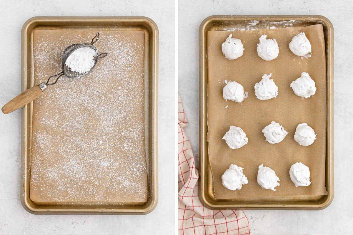Collage showing how to place the divinity candy on a baking sheet