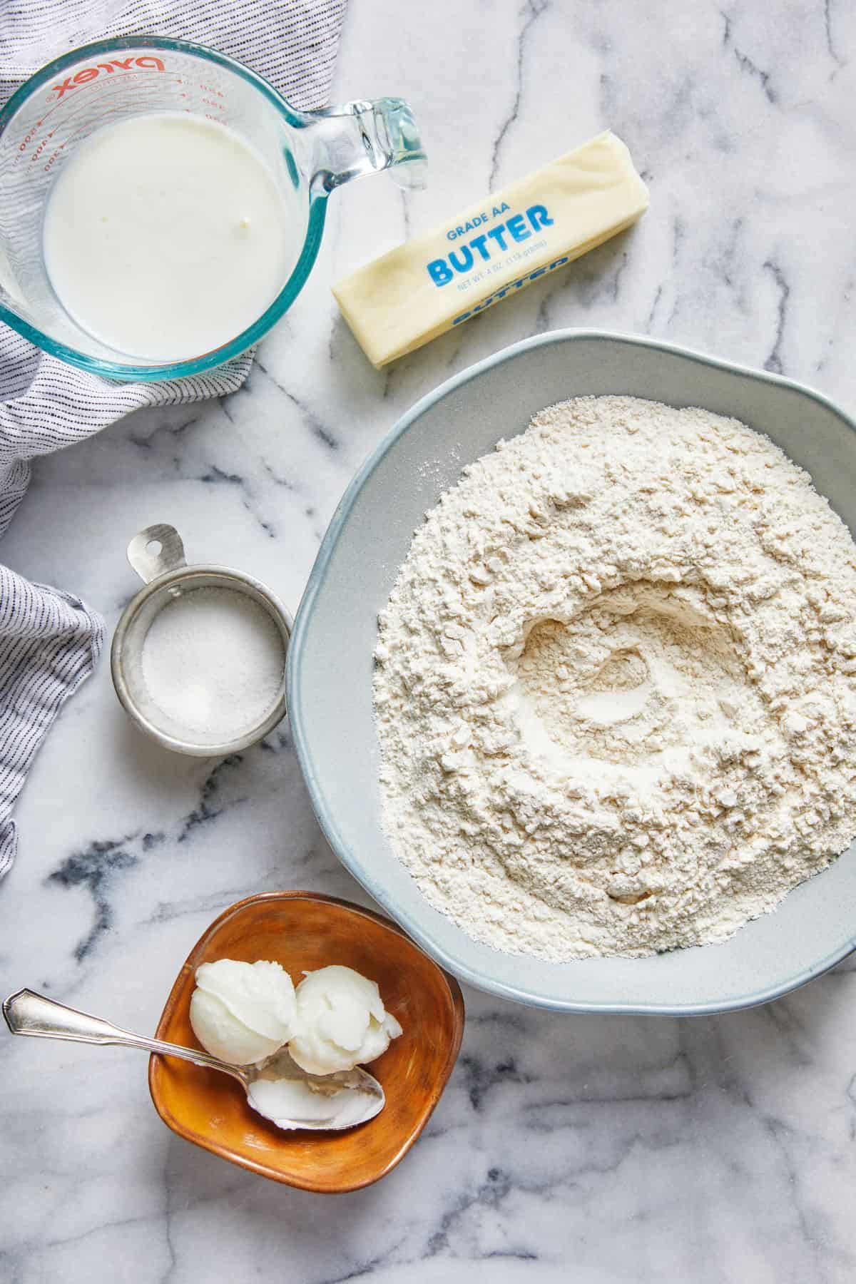 Ingredients to make buttermilk biscuits