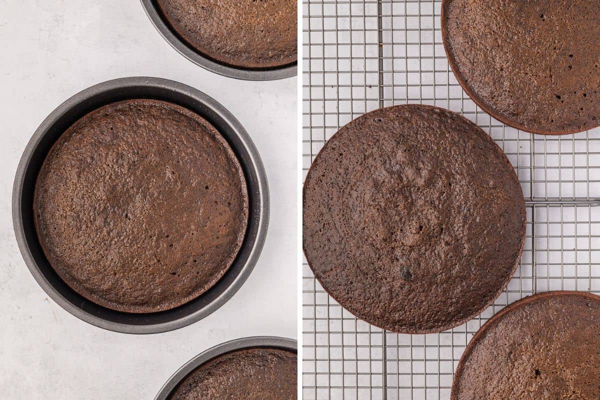 A collage of images showing the turtle chocolate cake after baking