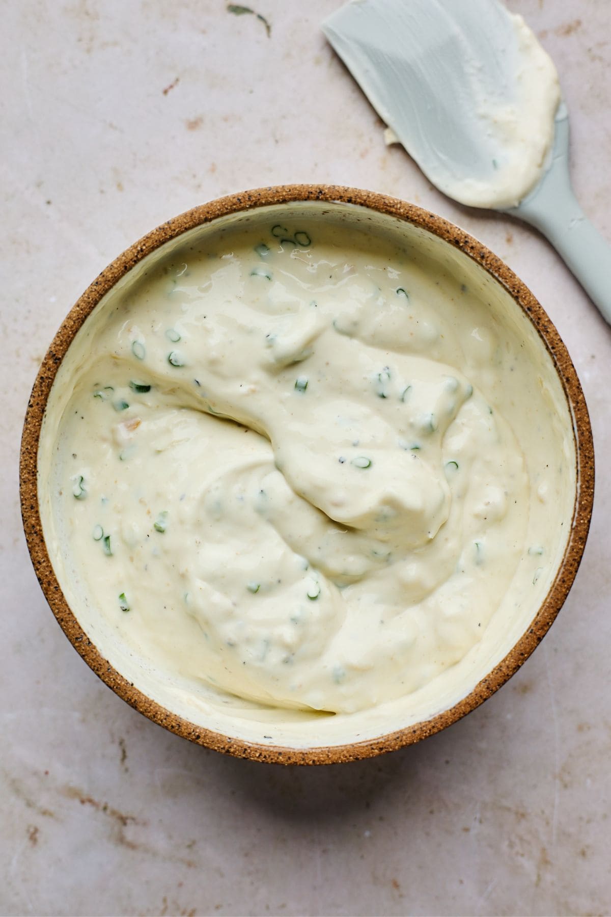 Overhead shot of horseradish sauce fully mixed in a bowl