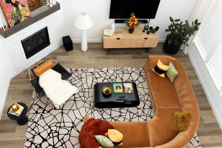 An overhead shot of Jocelyn Delk Adams' living room space