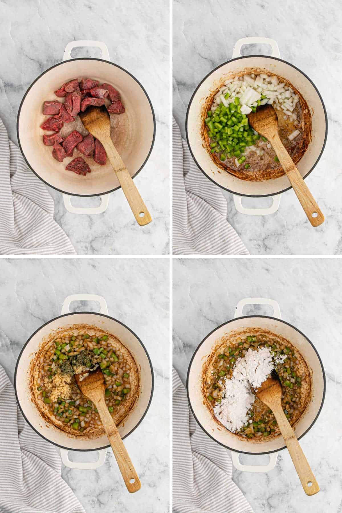 A collage of images from cooking the meat, adding the veggies, seasonings, and then the flour.