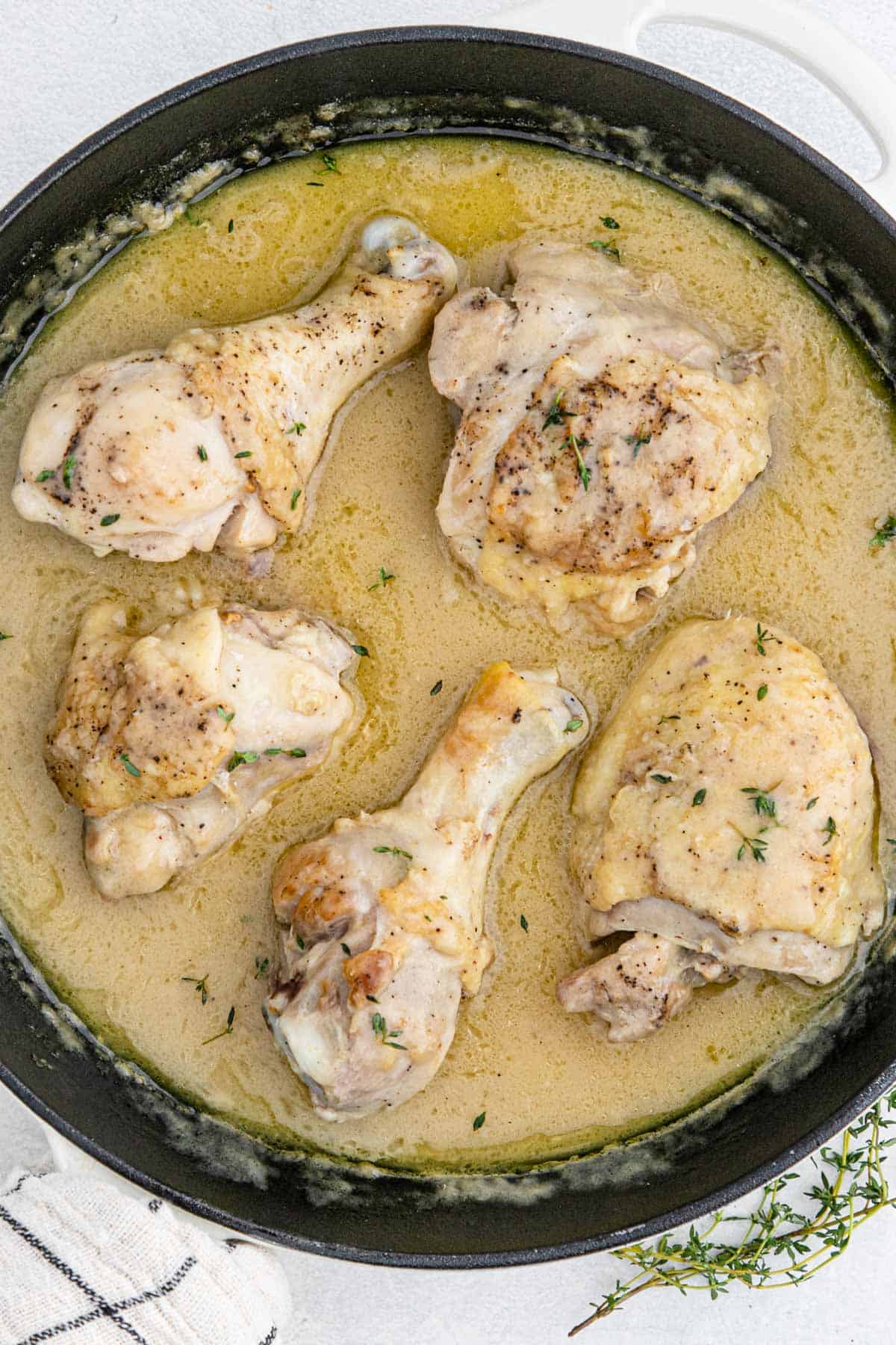A skillet full of delicious chicken and gravy