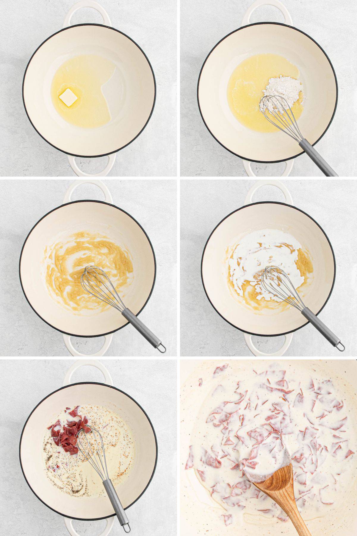 Collage of steps to make chipped beef gravy on toast