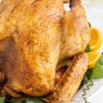 A fried turkey on a white platter