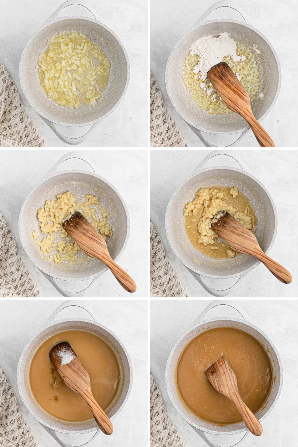 Collage of steps to make brown gravy