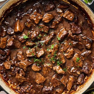 Beef tips in a large skillet ready to enjoy