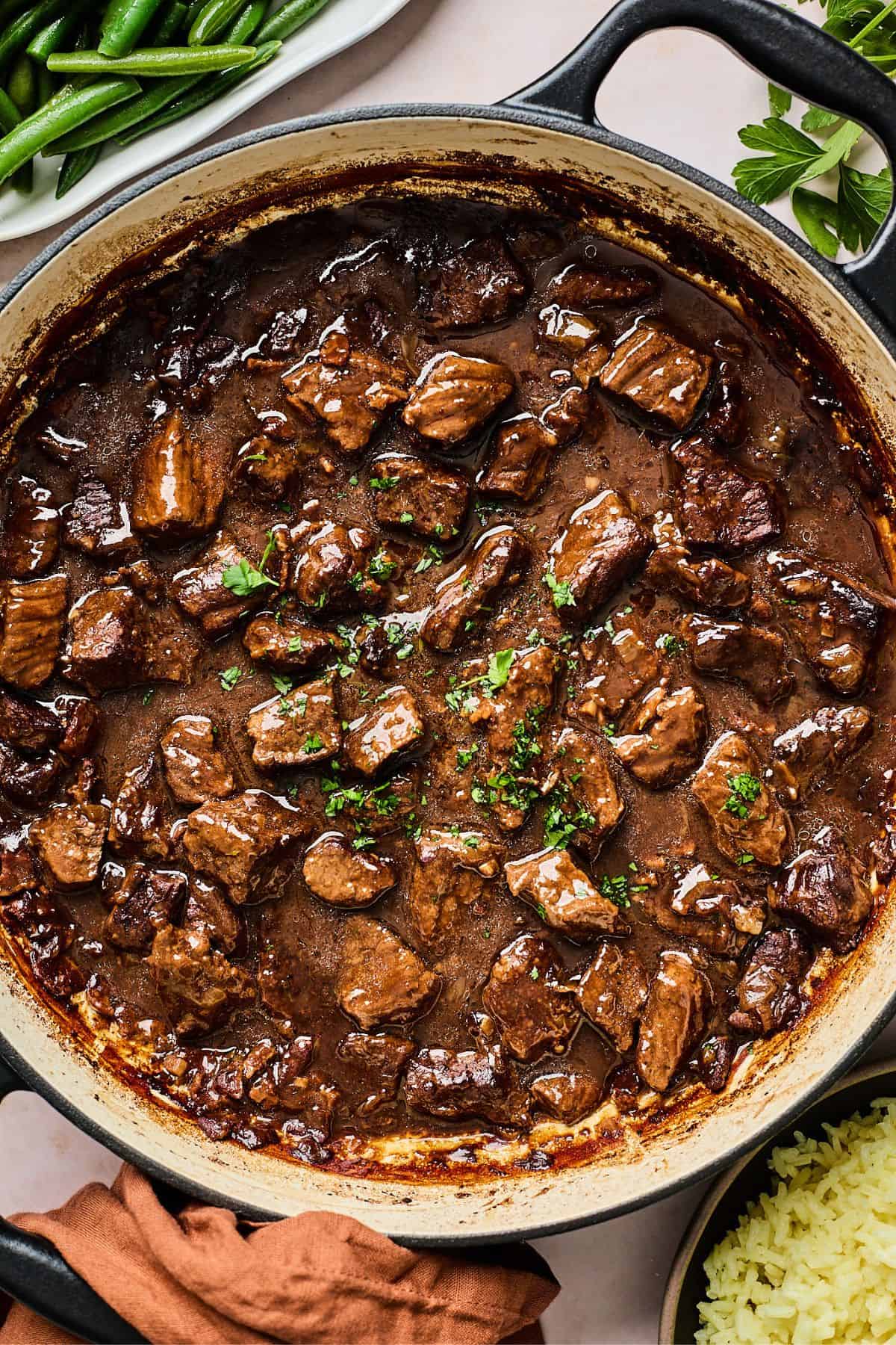 Beef tips in a large skillet ready to enjoy