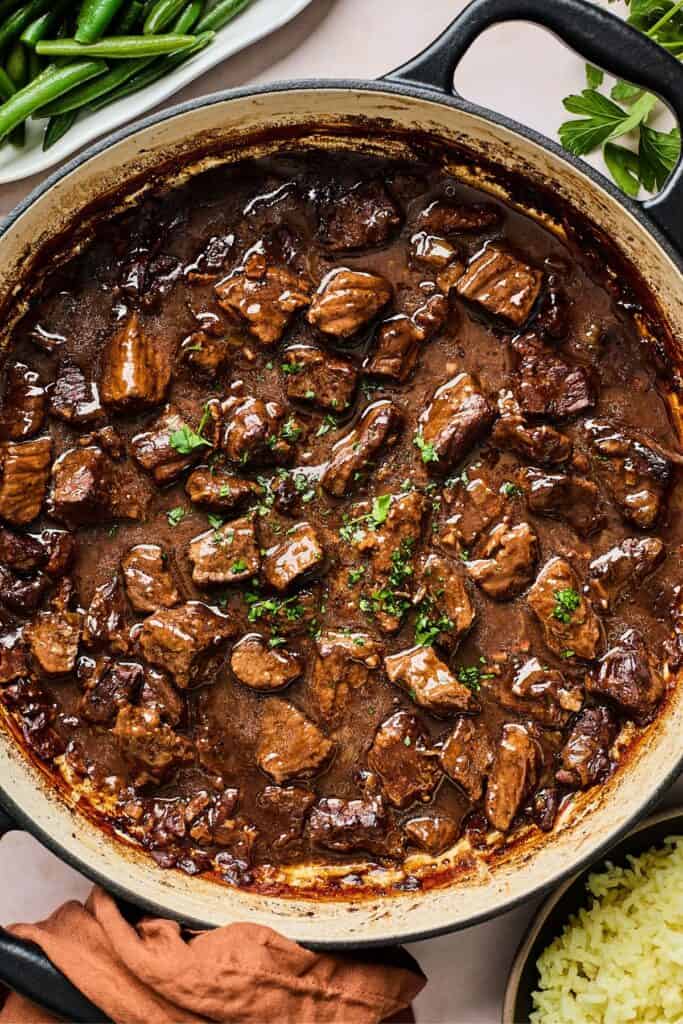 A large pot of beef tip recipe ready to serve
