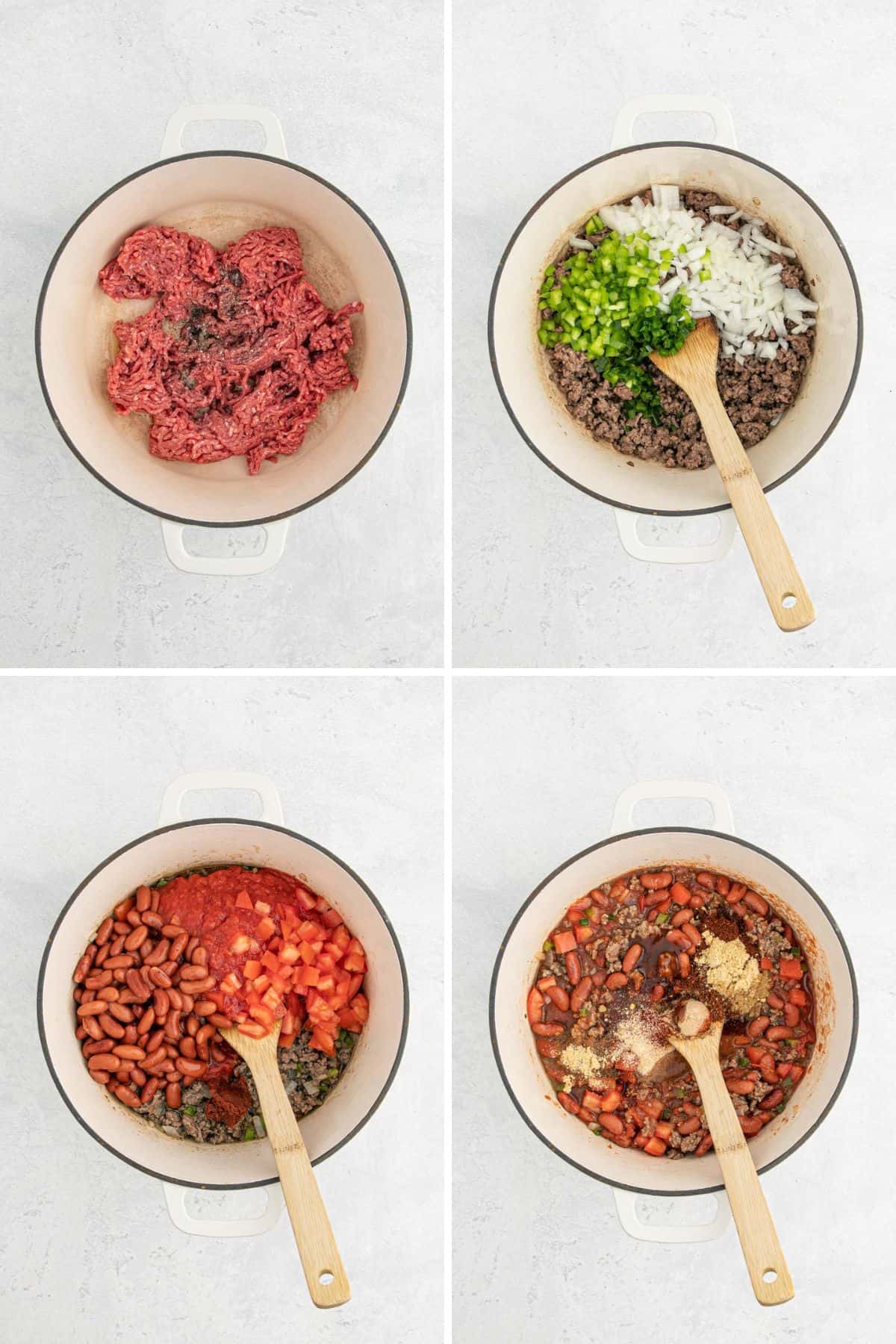 A collage of making the chili from browning the meat adding the vegetables, then the tomatoes and beans, and last all the spices.