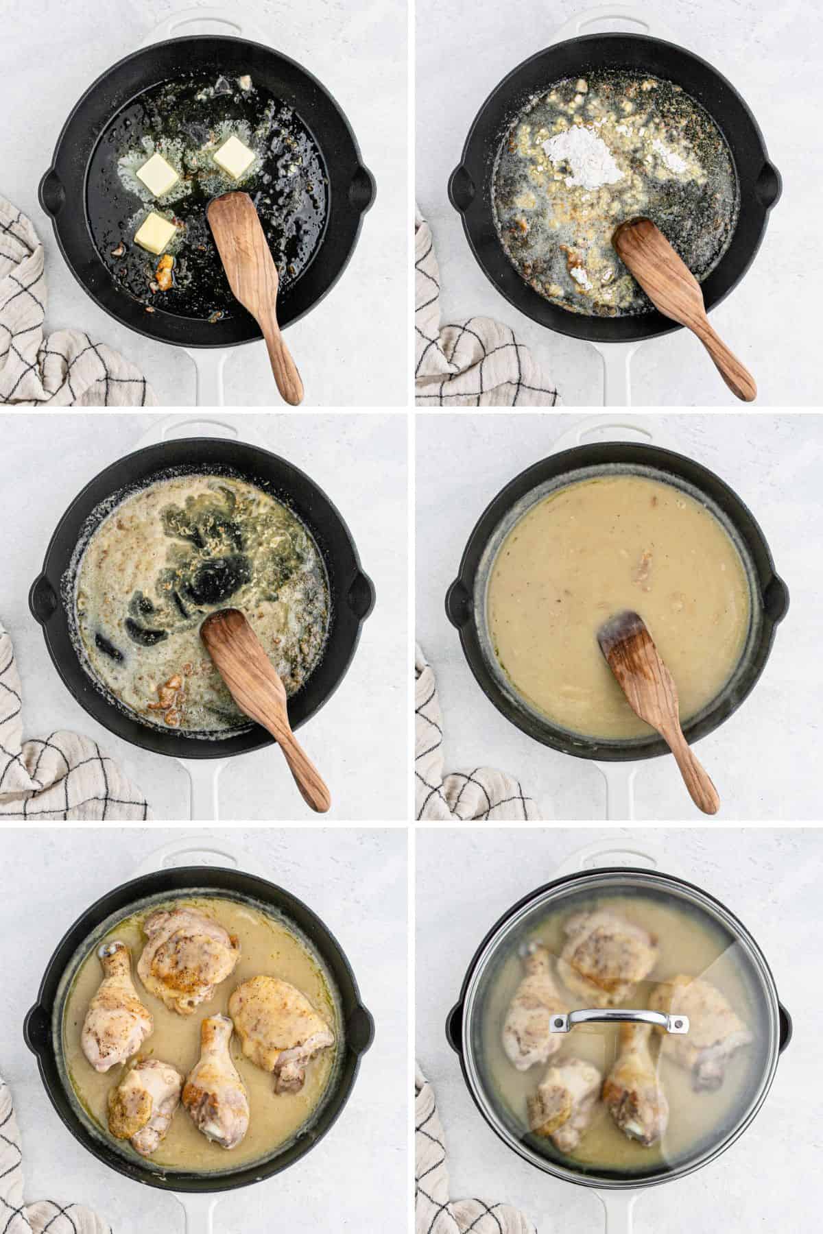 Collage of steps to make chicken and gravy
