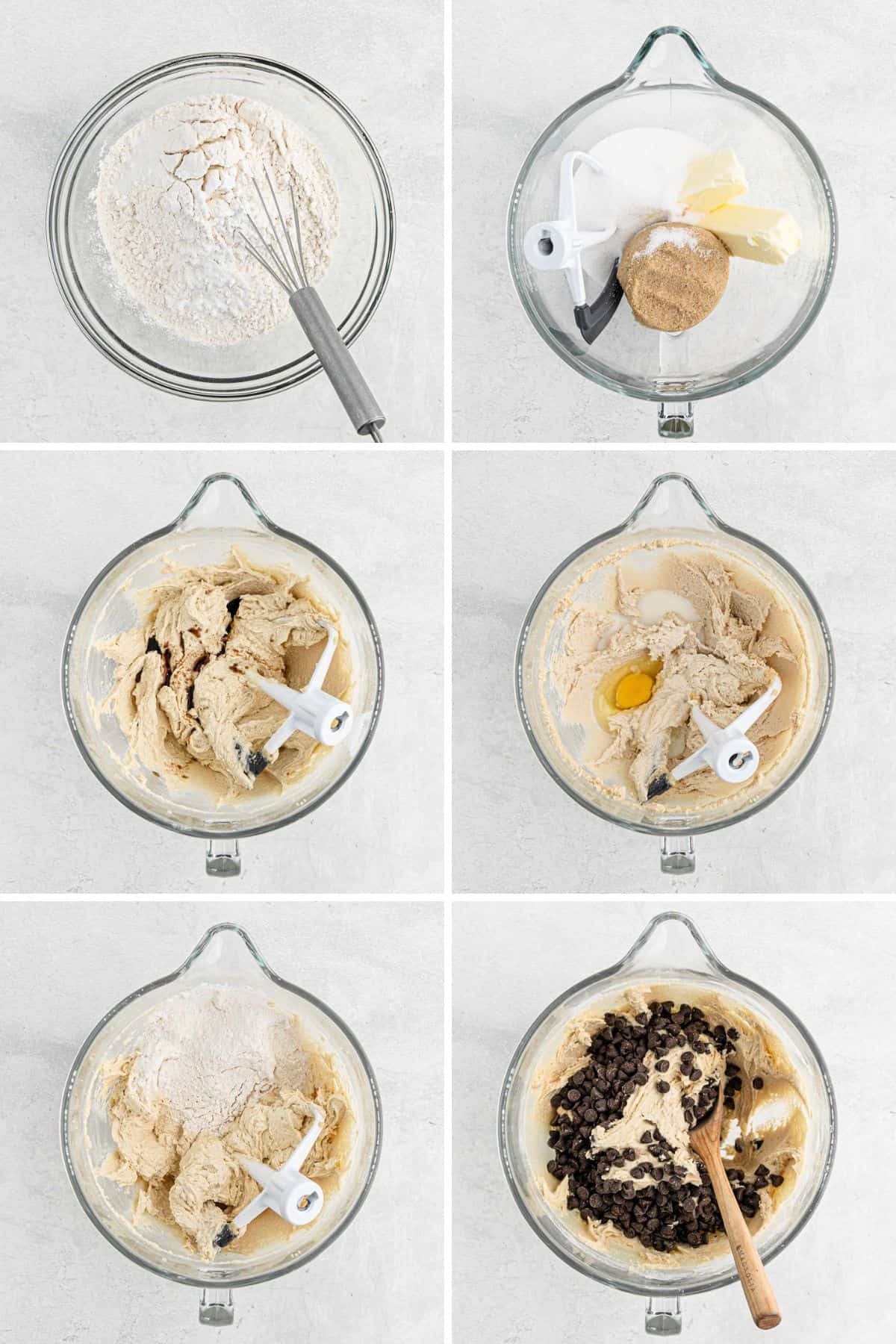 A collage of images showing the steps for mixing up the crispy cookie dough from mixing the flour, creaming the sugar, to combing them together and adding the chips.