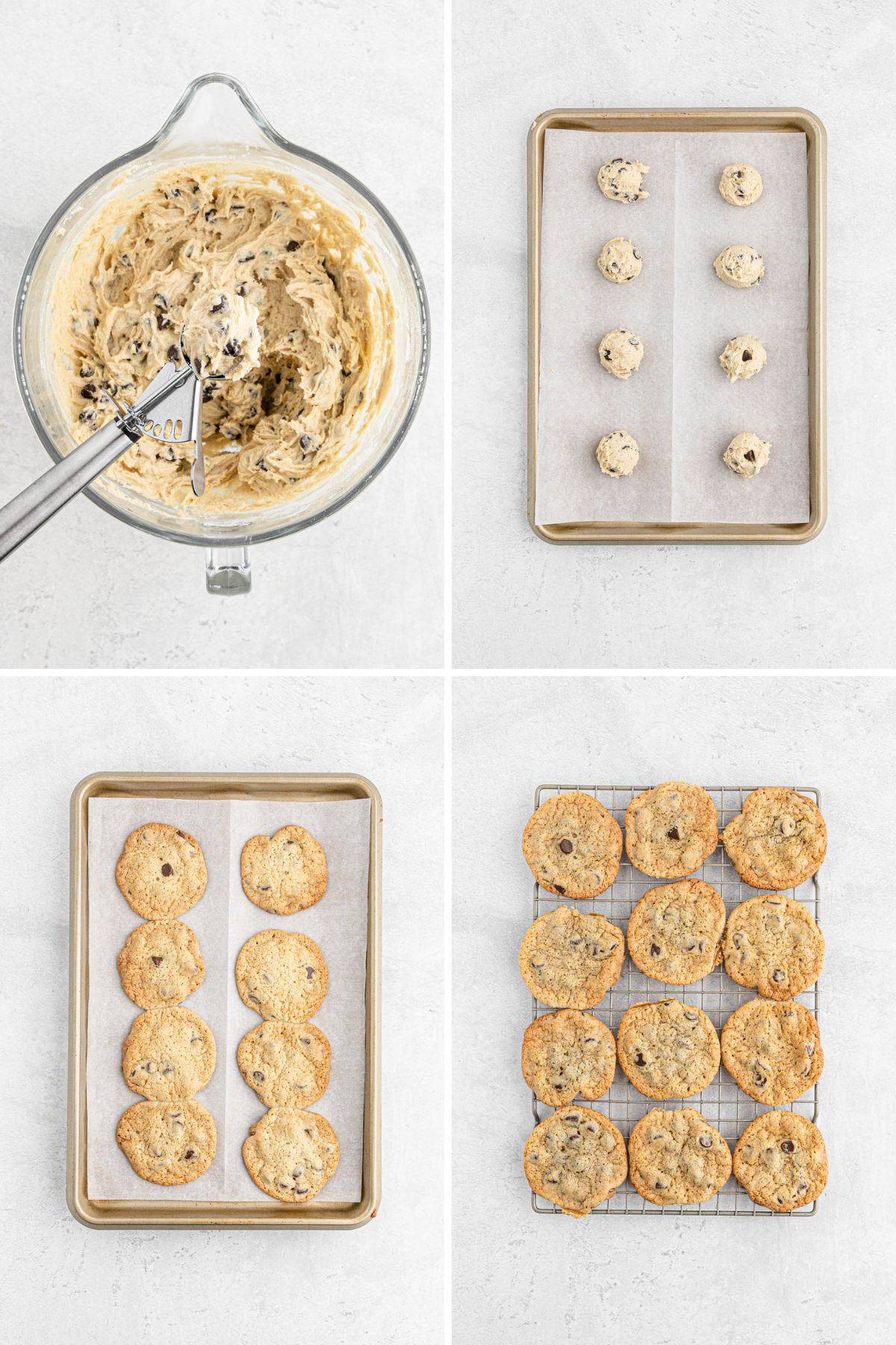 A collage showing the dough in a cookie scoop, on a baking tray before and after baking, and last cooling on a wire rack.