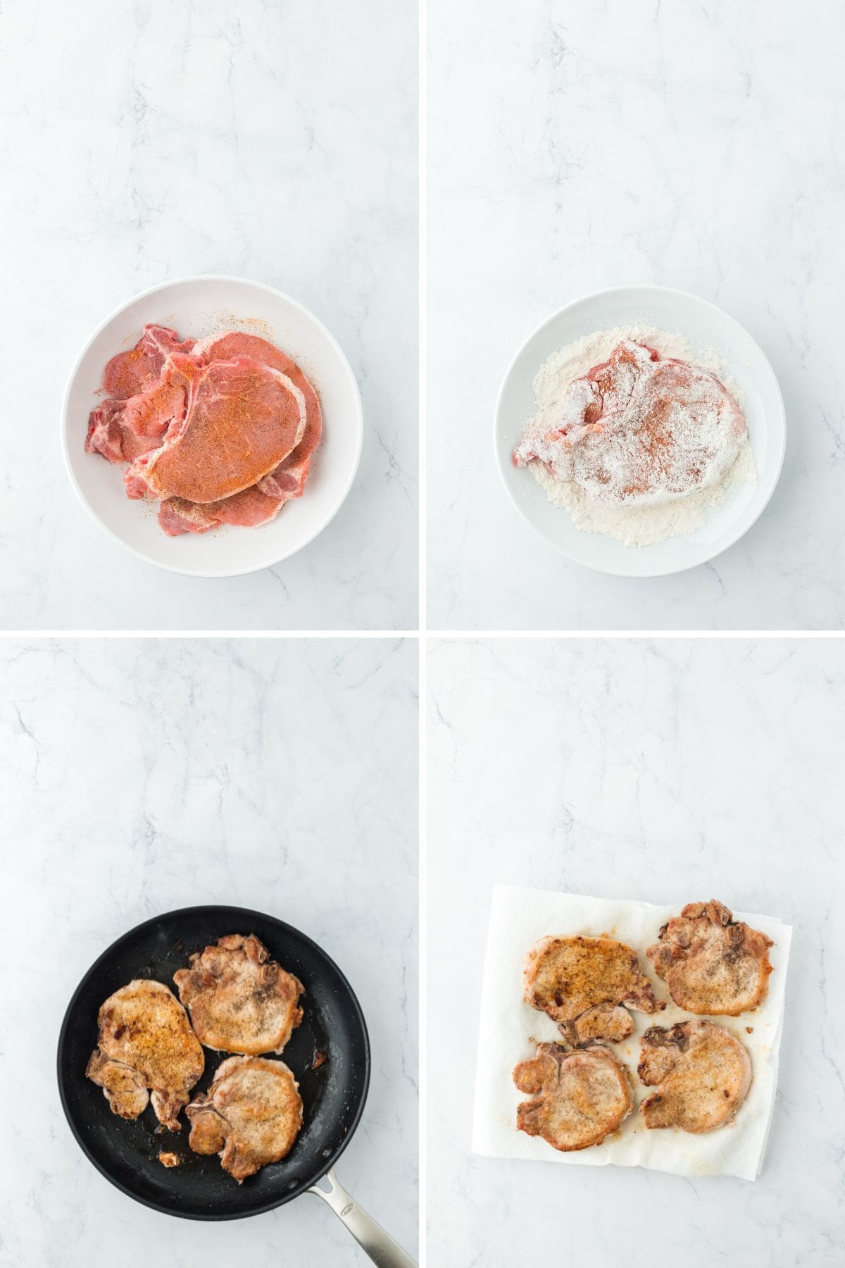 A collage of pork chops being seasoned then added to flour before pan-frying and draining on paper towels