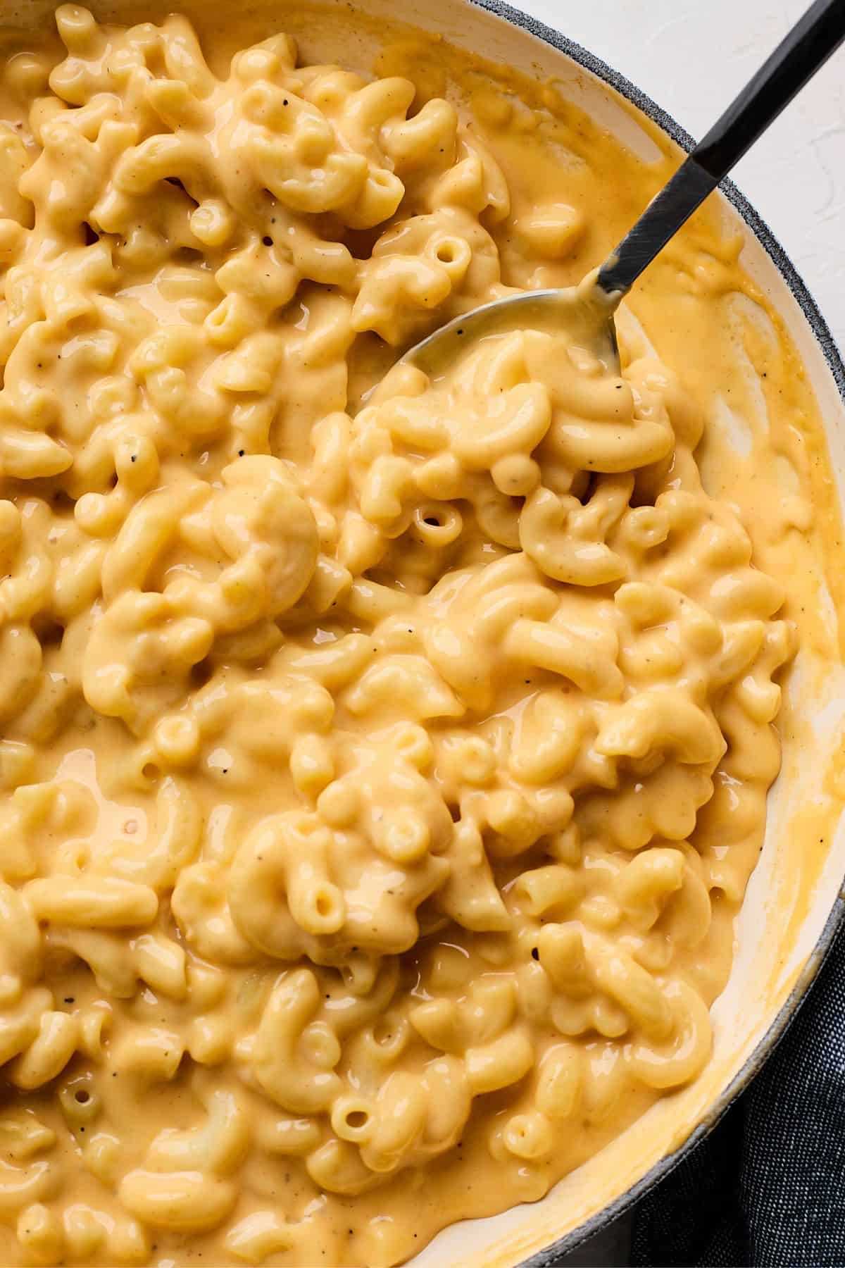 Closeup of bowl of creamy velveeta mac and cheese with a spoon