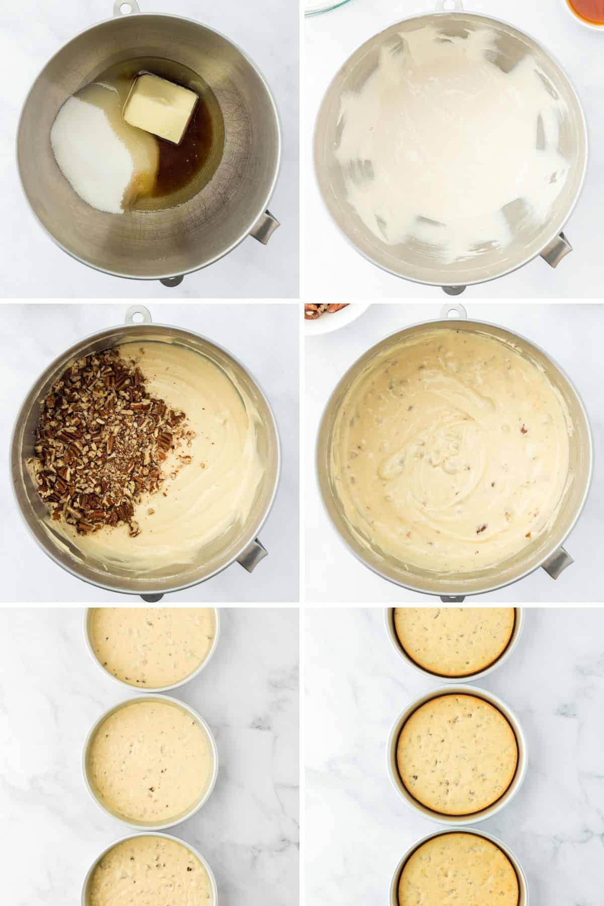 Steps to make the batter for the butter pecan layer cake