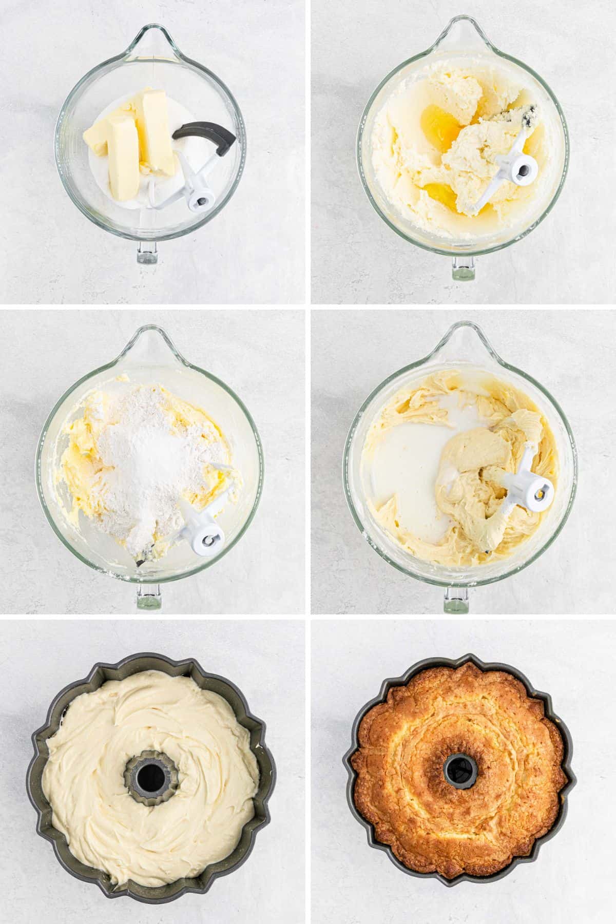 Collage of images showing the steps to make the buttermilk pound cake