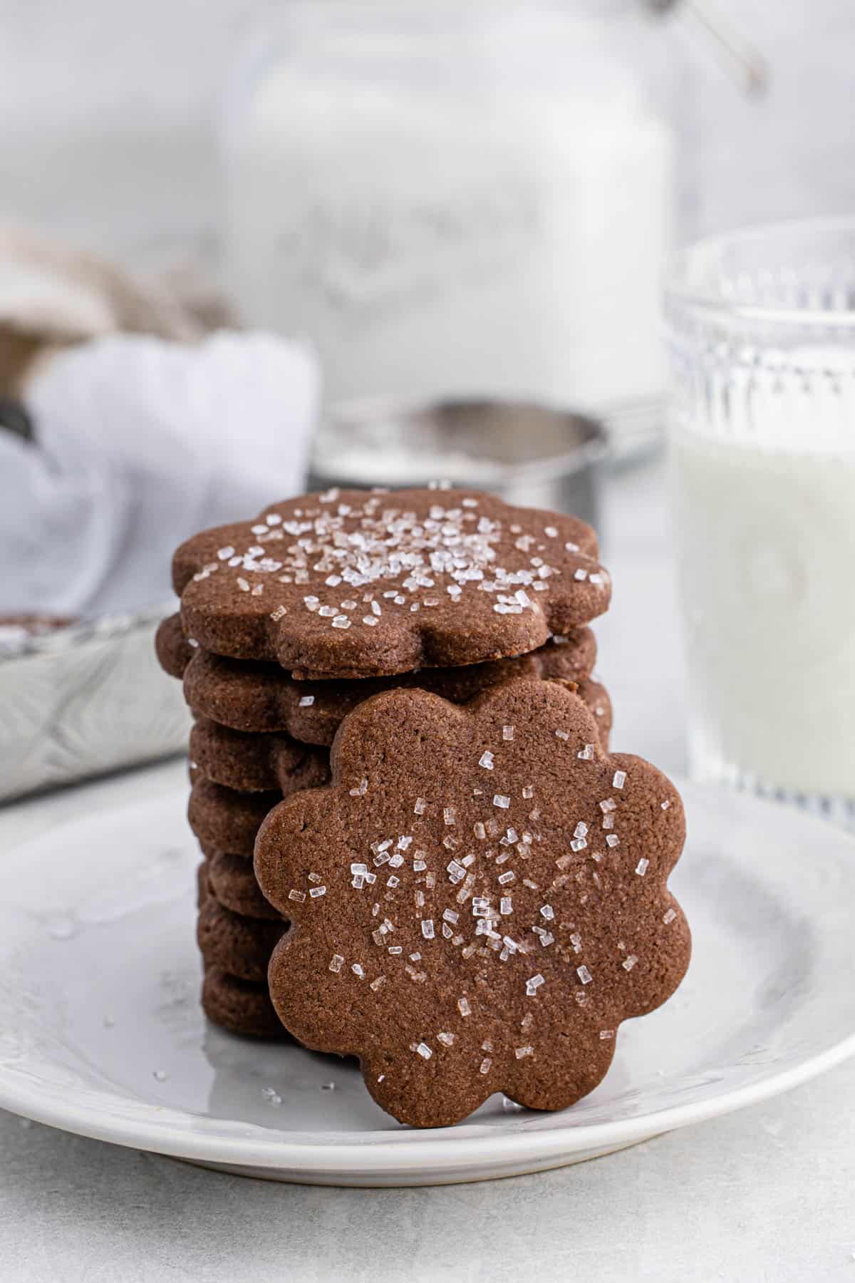 Closeup of a stack of chocolate sugar cookies on a white plate