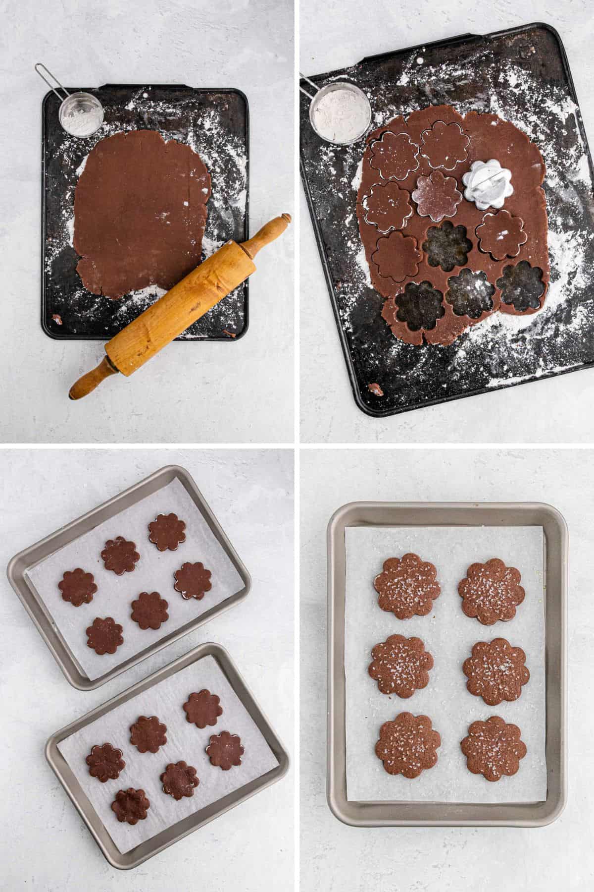 Collage of images showing the steps to roll out and cut the chocolate sugar cookie dough