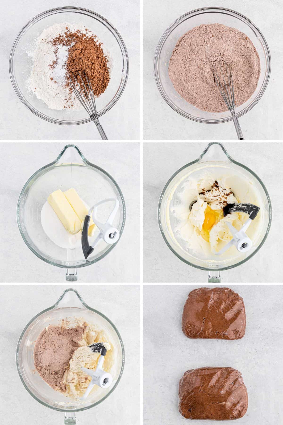 Collage of images showing the steps to make the dough for the chocolate sugar cookies