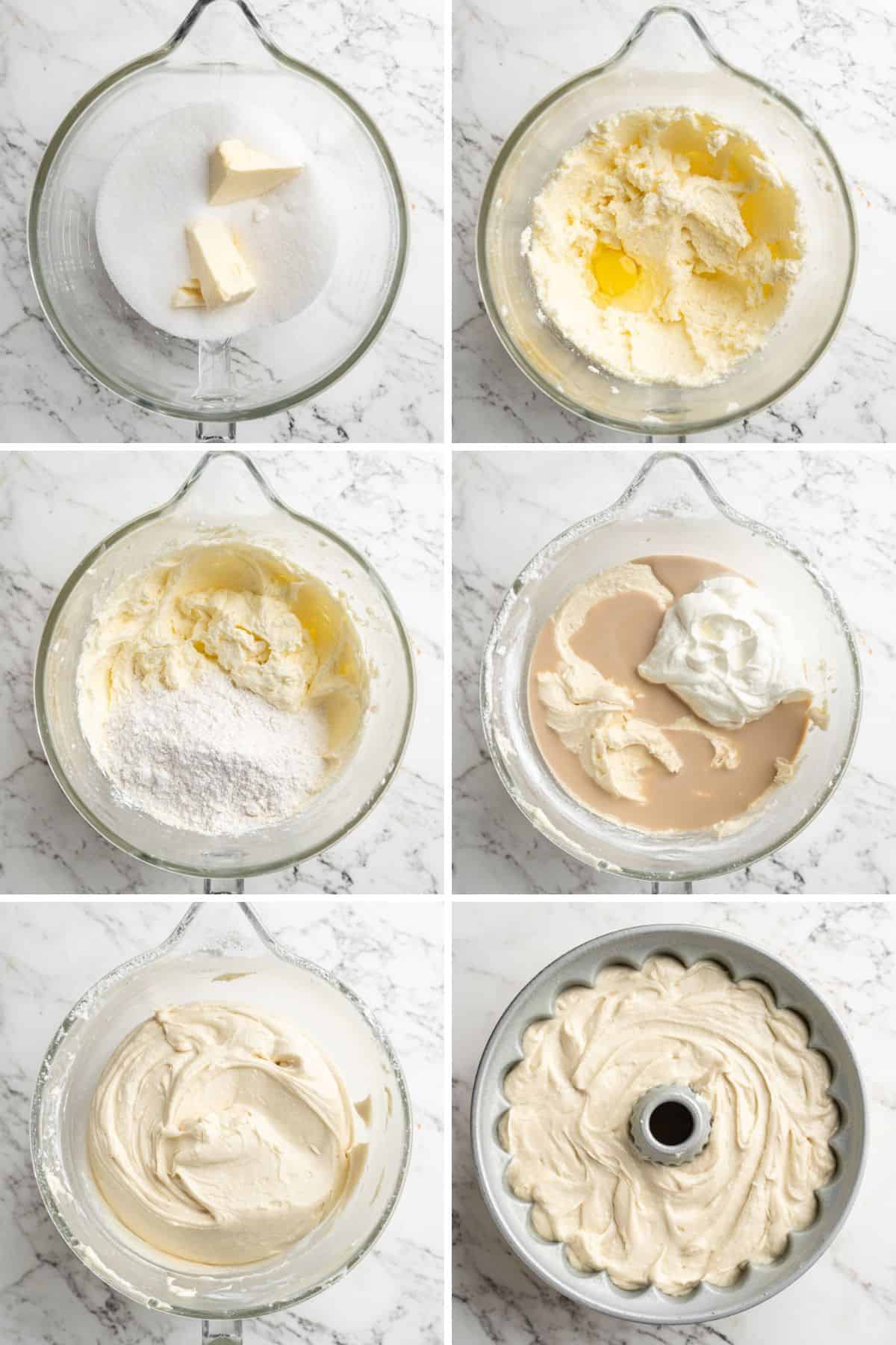 Collage of photos showing the steps to make the batter for the coconut pound cake
