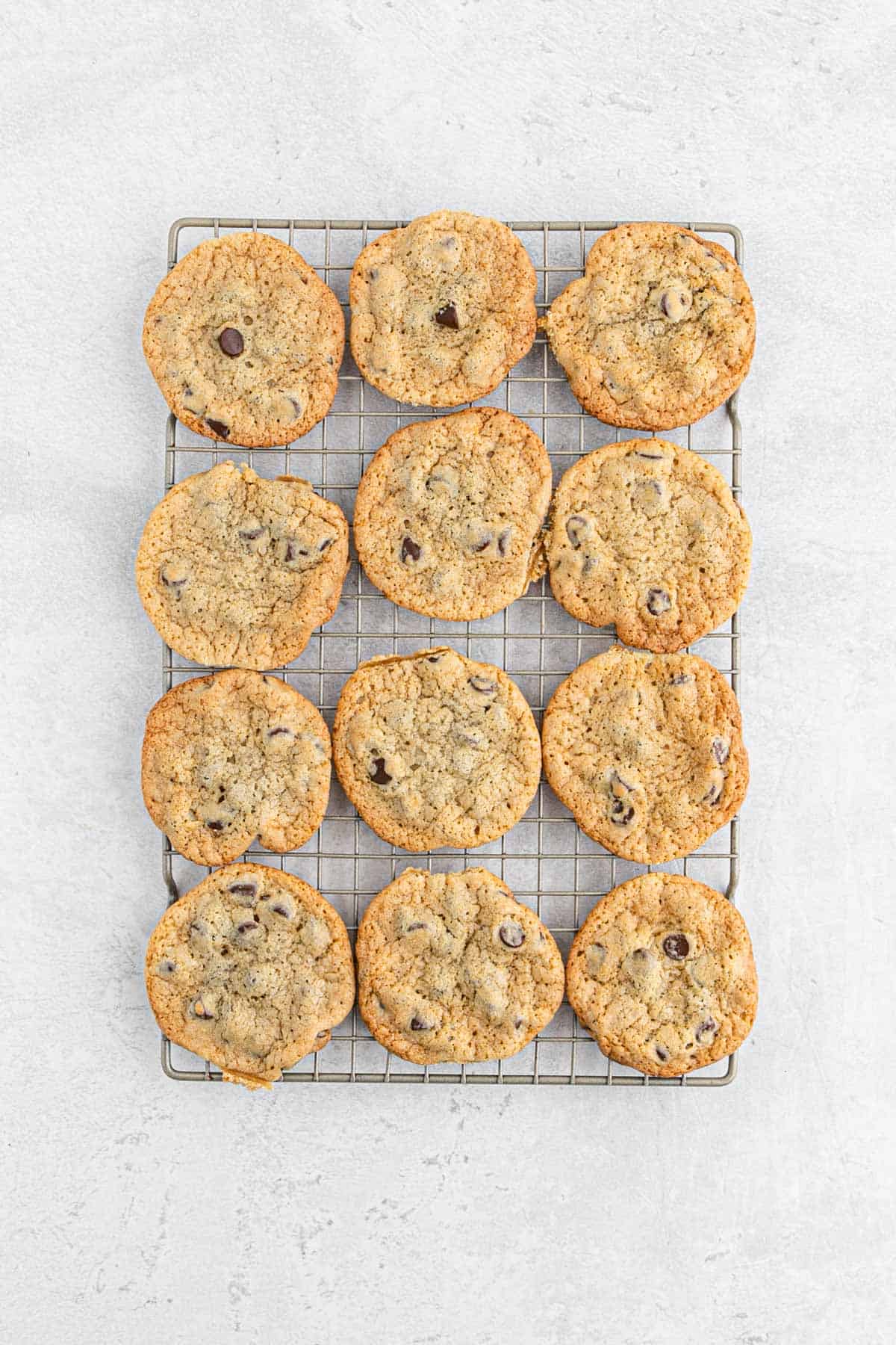 Freshly baked chocolate chip cookies cooling on a wire rack