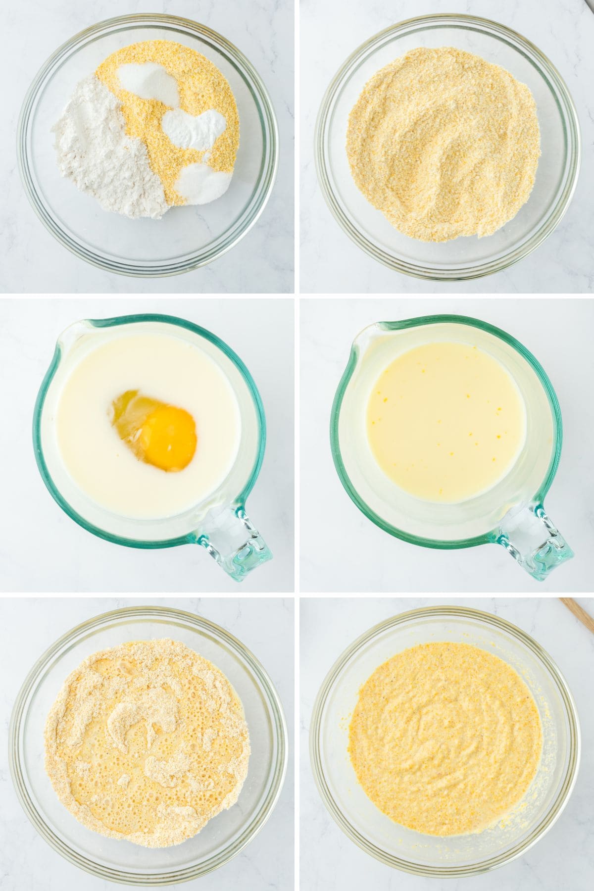 Collage of images showing the steps to make the batter for the fried cornbread