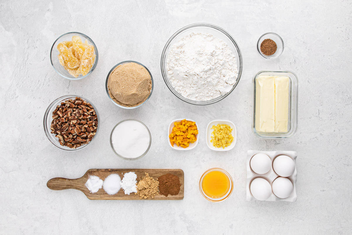 Ingredients to make the batter for this fruit cake recipe