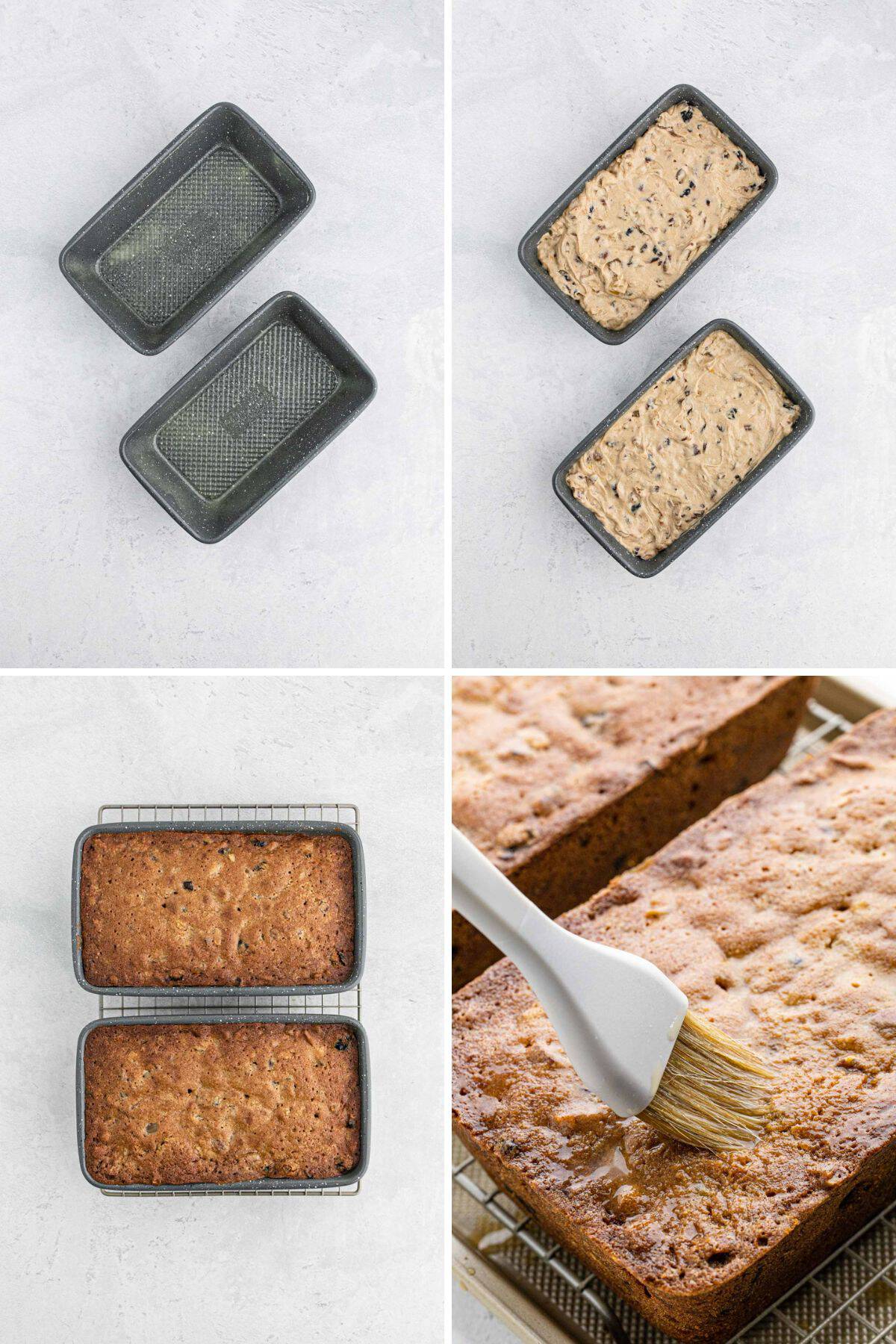 Collage of steps to bake and brush the fruit cake recipe
