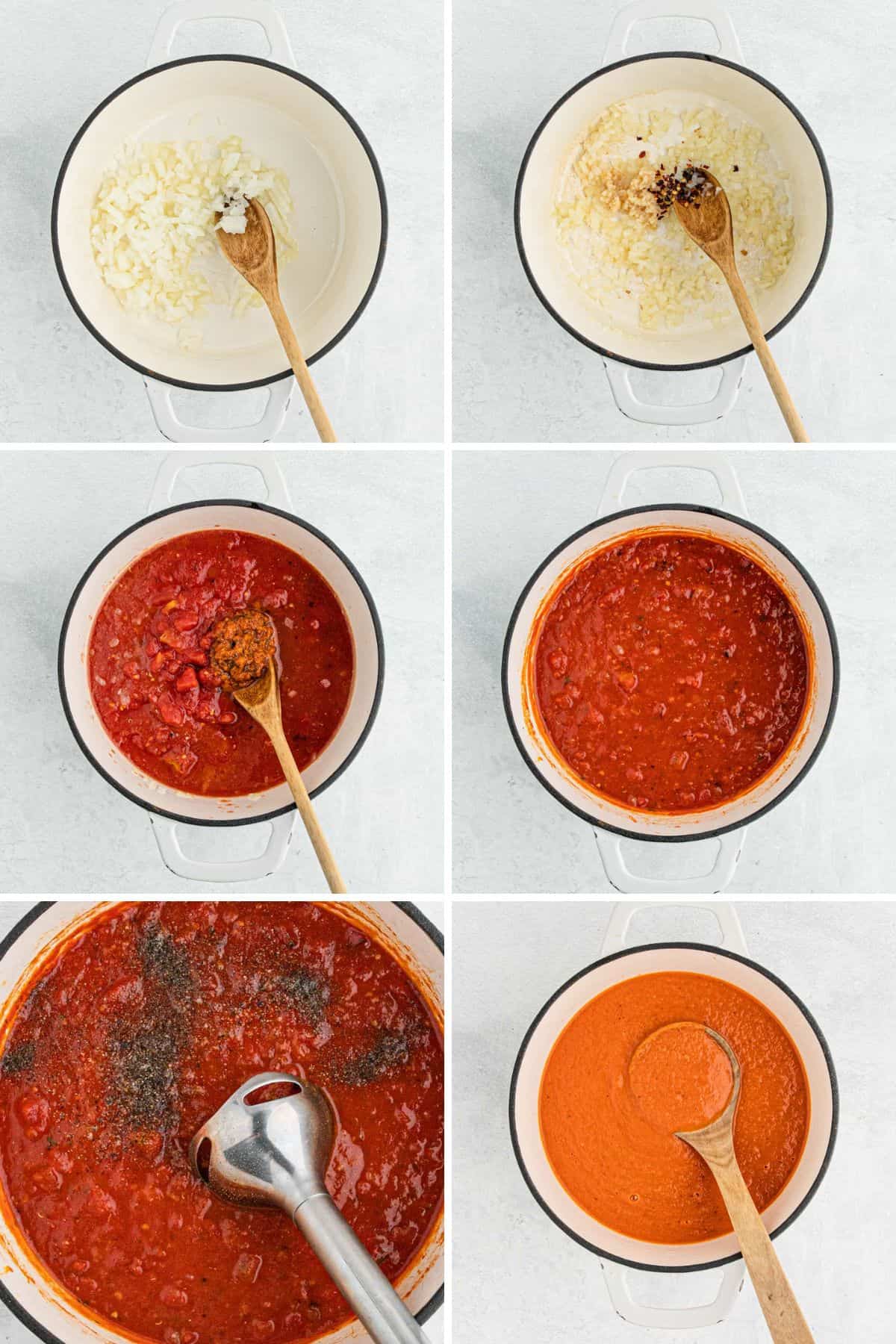 Collage of steps to cook and blend the simple tomato soup