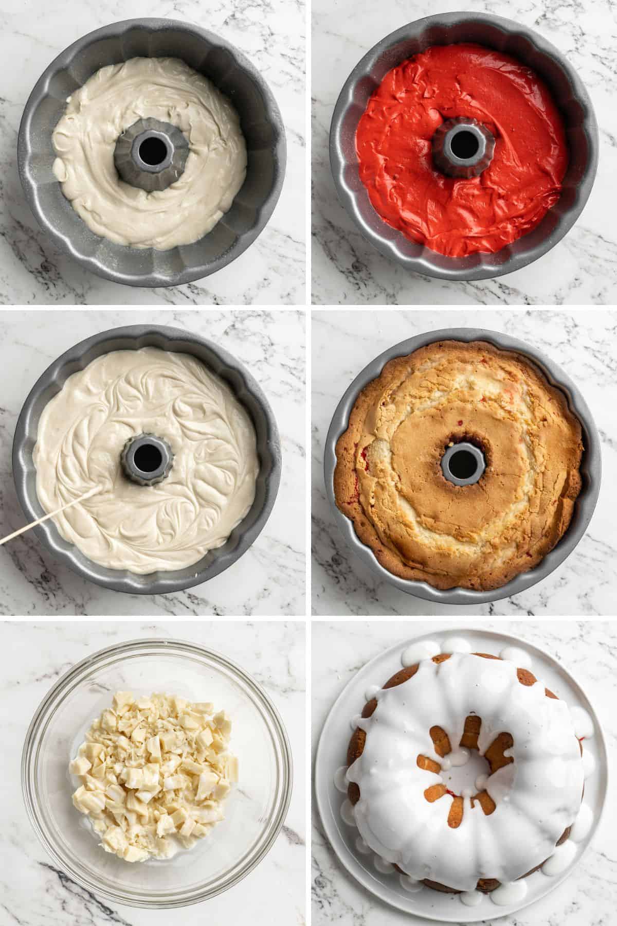Collage of steps for layering, baking and garnishing the white chocolate raspberry bundt cake