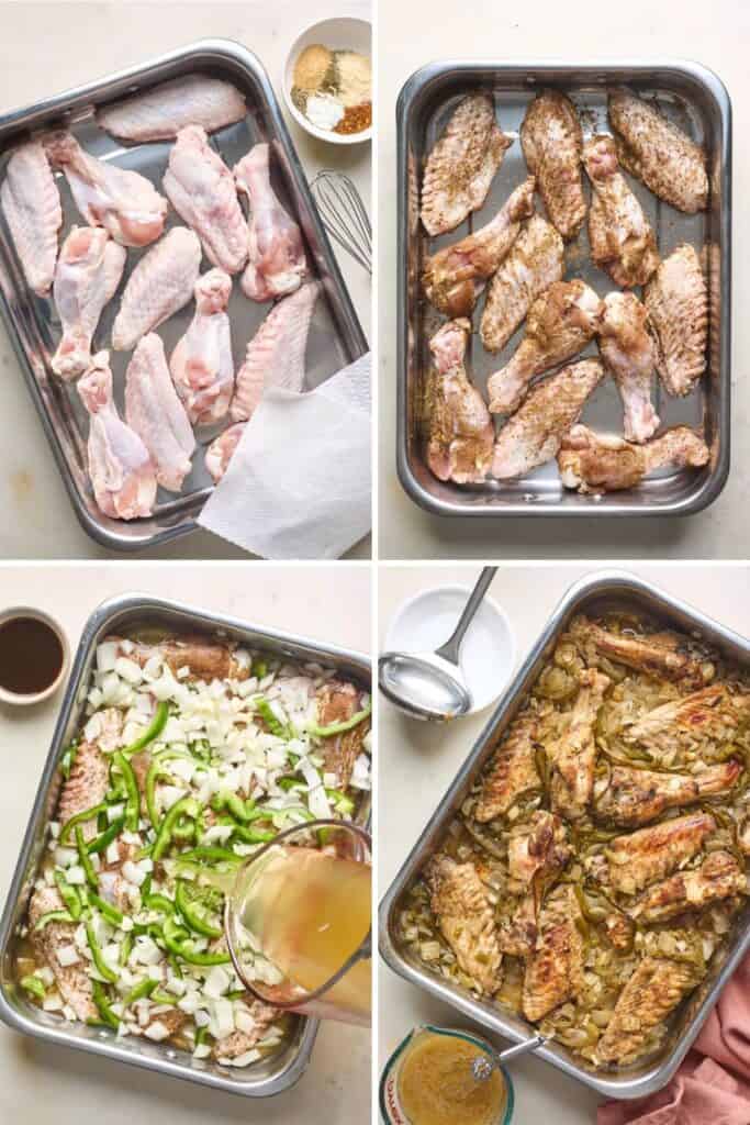 steps for making baked turkey wings in the oven showing them from raw to cooked in a 4 step collage 