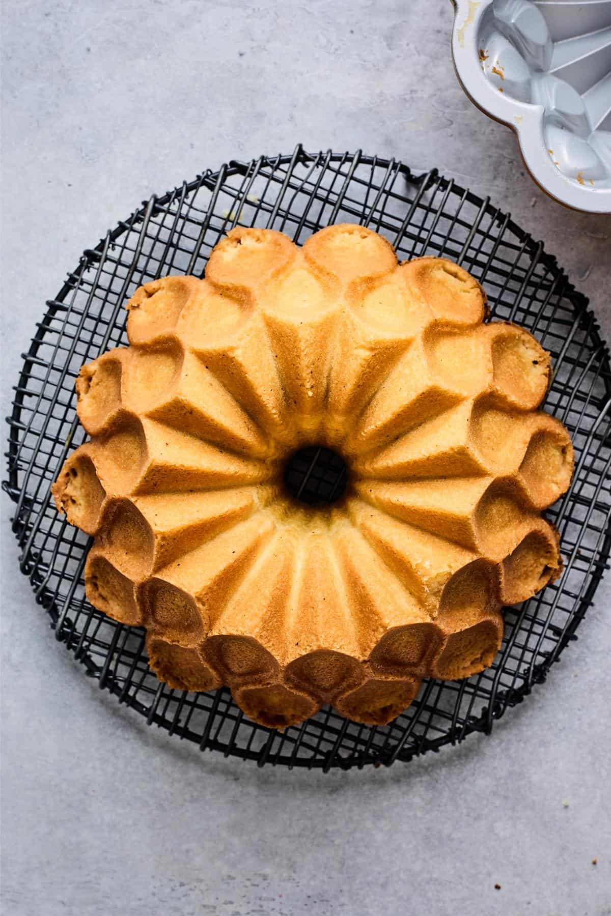 Perfectly turned-out eggnog cake cooling on a black wire rack