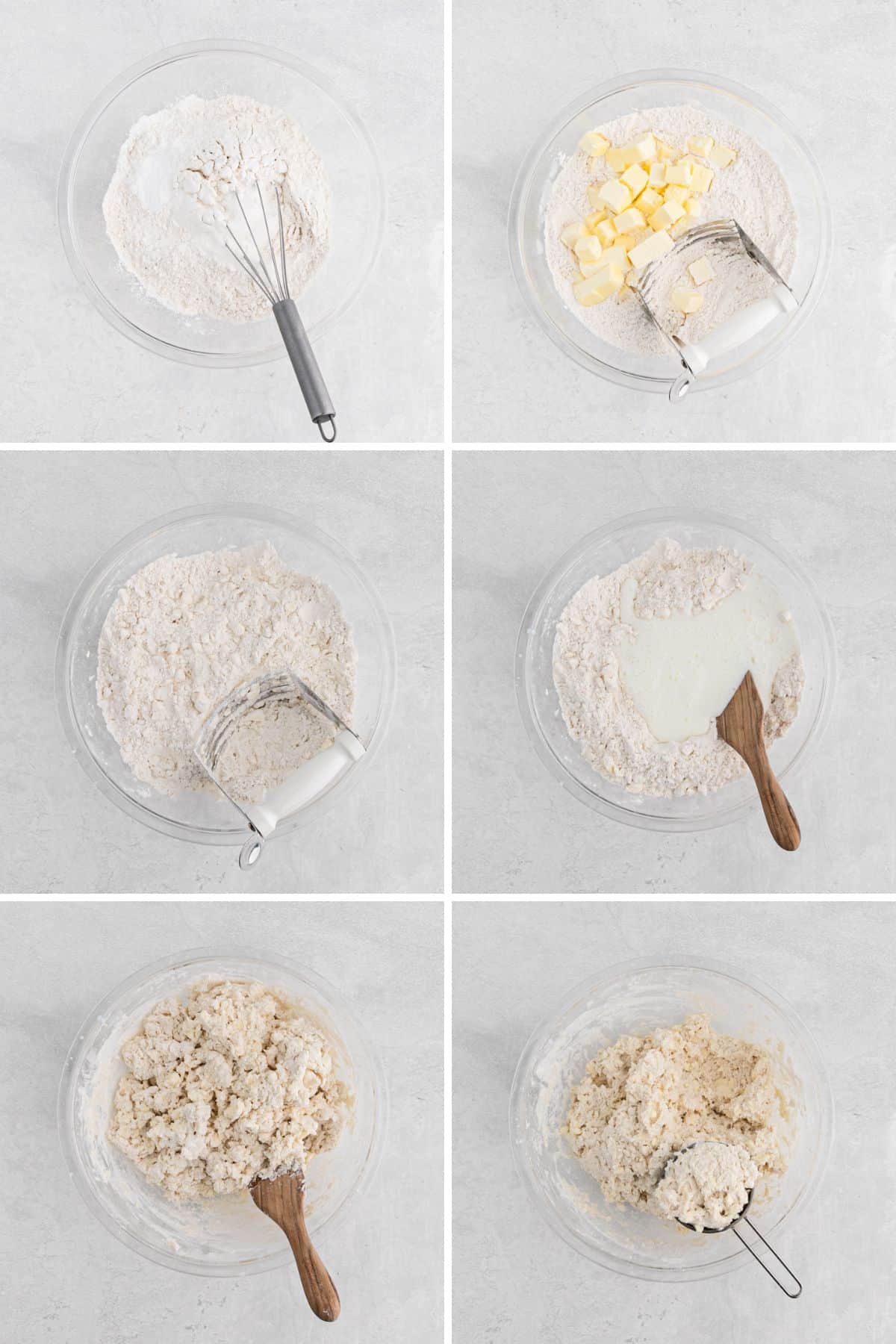 Collage of steps to make the batter for cathead biscuits