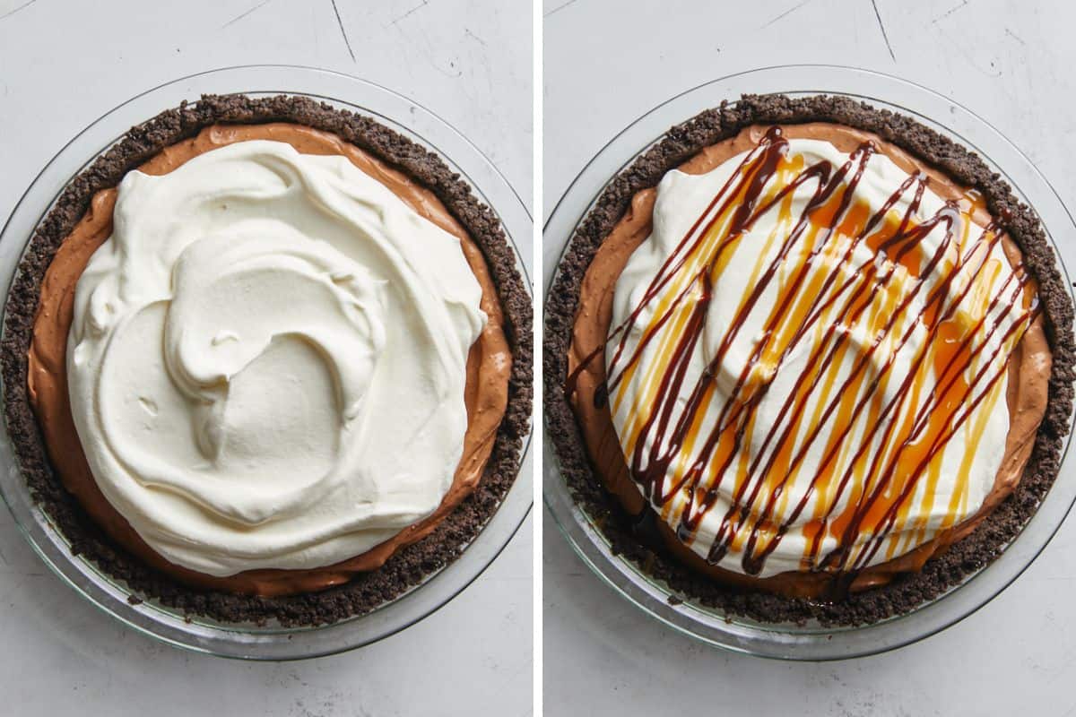 Collage of images showing the steps to make chocolate mousse pie, including topping it with whipped cream and drizzling caramel and chocolate sauce