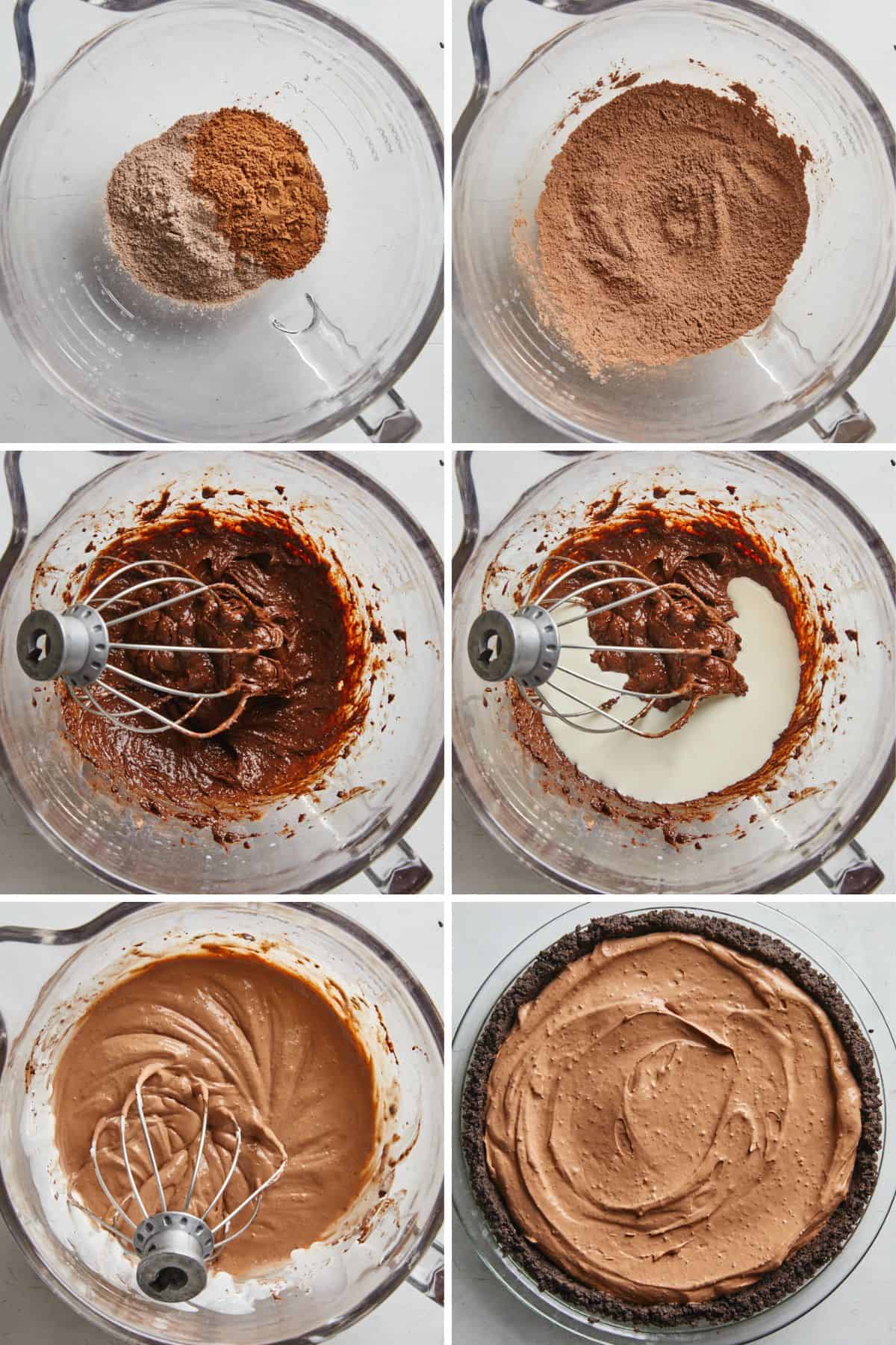 Collage of images showing the steps to make chocolate mousse pie, including mixing the chocolate mousse filling and pouring the filling into the pie crust