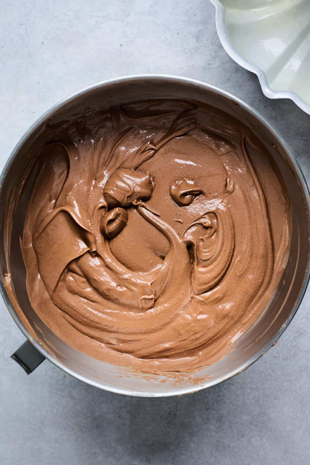 Fully blended chocolate batter, smooth and glossy, ready to pour