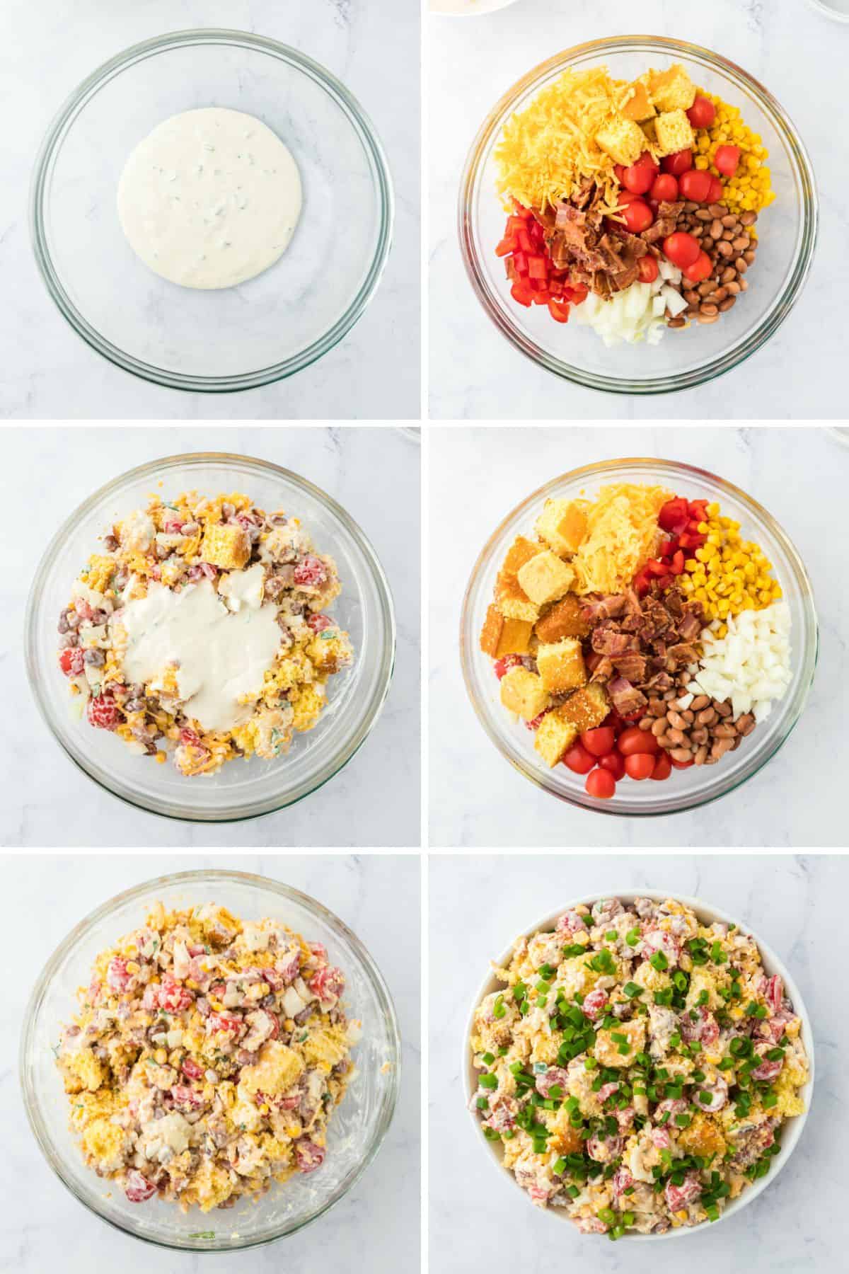 Collage of steps to make cornbread salad including mixing and layering all the ingredients