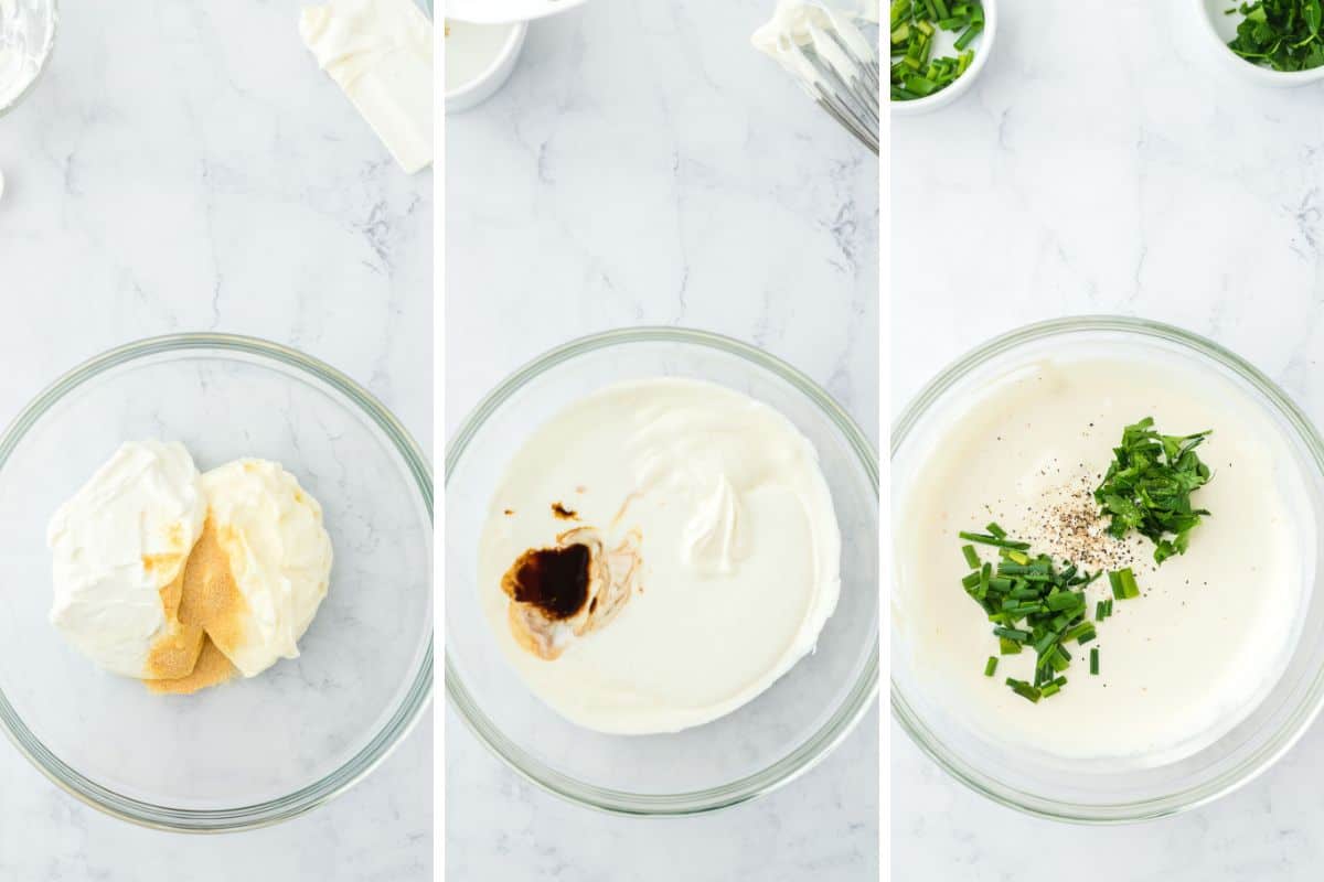 Collage of steps to make cornbread salad dressing including mixing the mayonnaise with the rest of ingredients