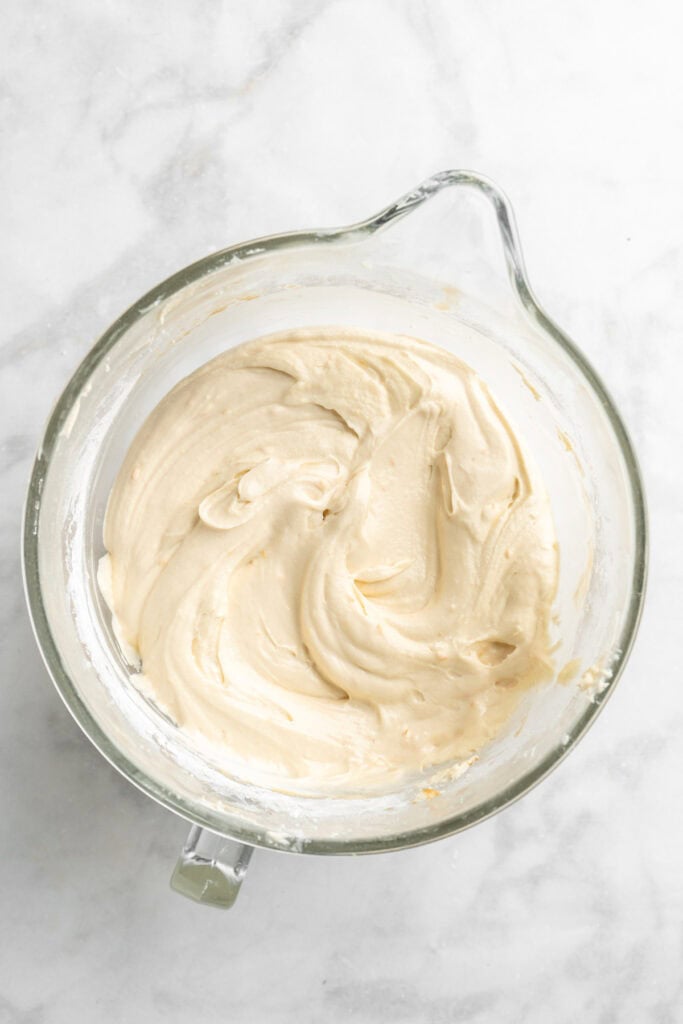Finished cake batter in a mixing bowl