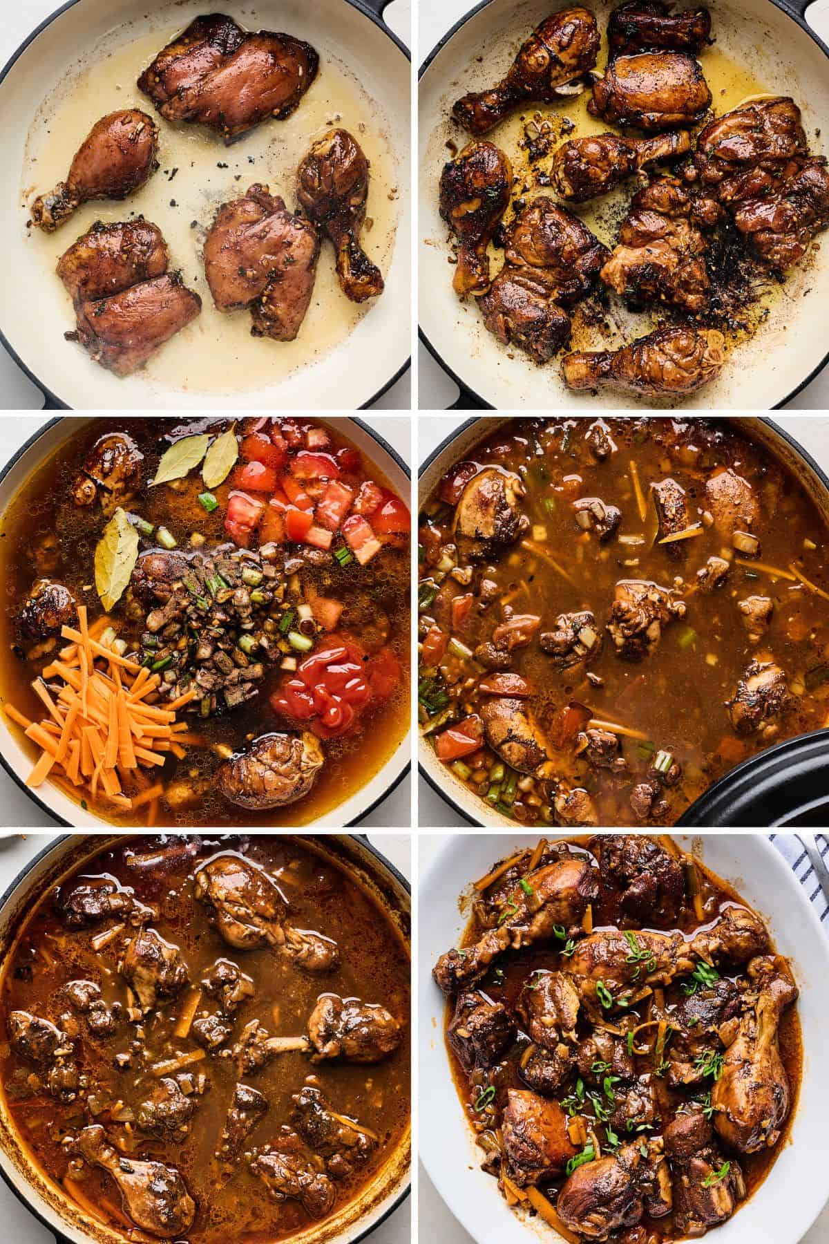 Collage of images showing the steps to make jamaican brown stew chicken, including frying the chicken in a pan, adding chicken stock and vegetables, cooking the stew, and serving it on a plate
