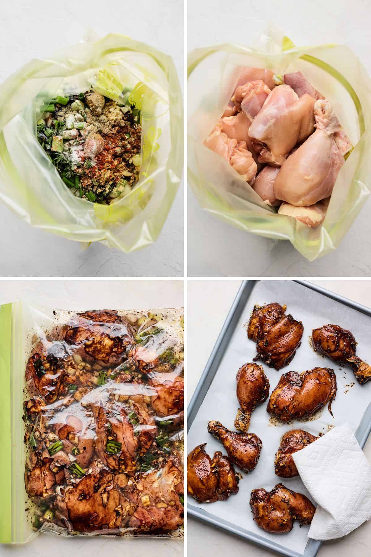 Collage of images showing the steps to make jamaican brown stew chicken, including marinating the chicken with vegetables, herbs and spices in bags, and letting it rest after marinating