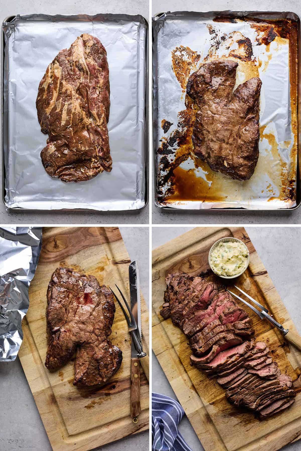 Collage of steps for baking and slicing london broil including the meat before and after baking and slicing the meat