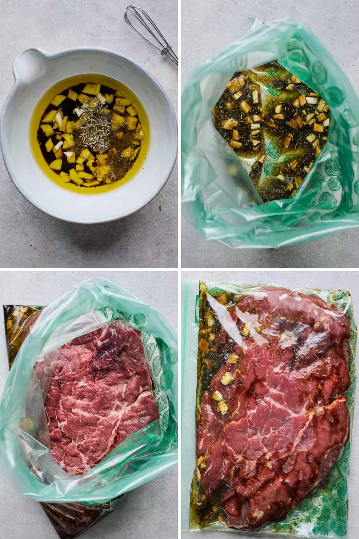 Collage of steps for making london broil including mixing the marinade ingredients and marinating the meat