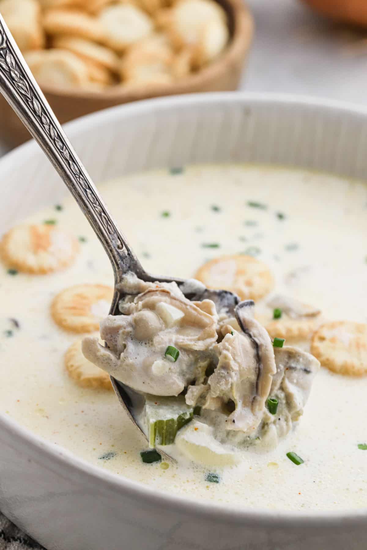 Close up of a silver spoon lifting a portion of oyster stew from a stew pot