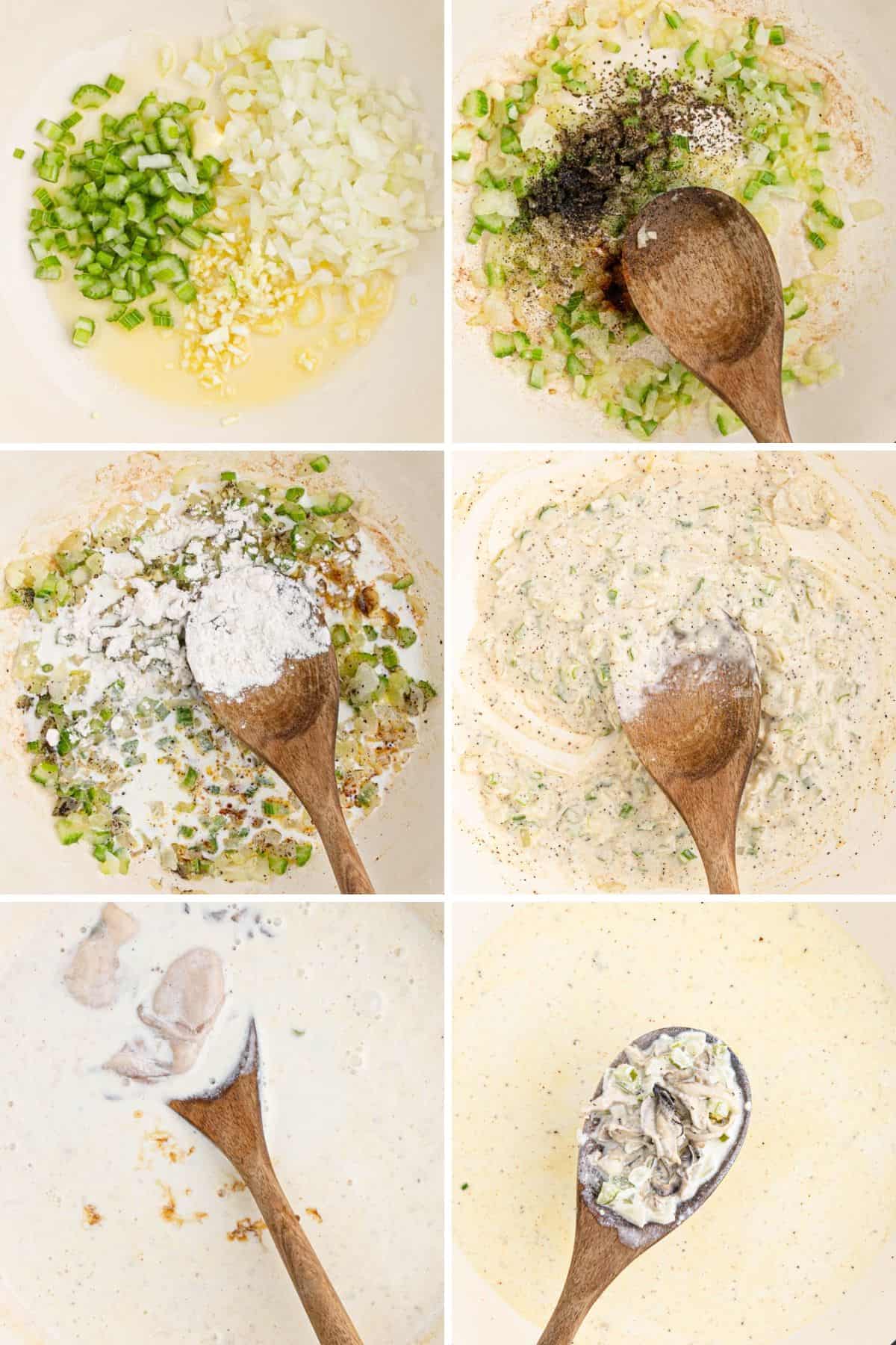 Collage of the steps for making oyster stew, including cooking the vegetables, thickening the stew, and adding the oysters
