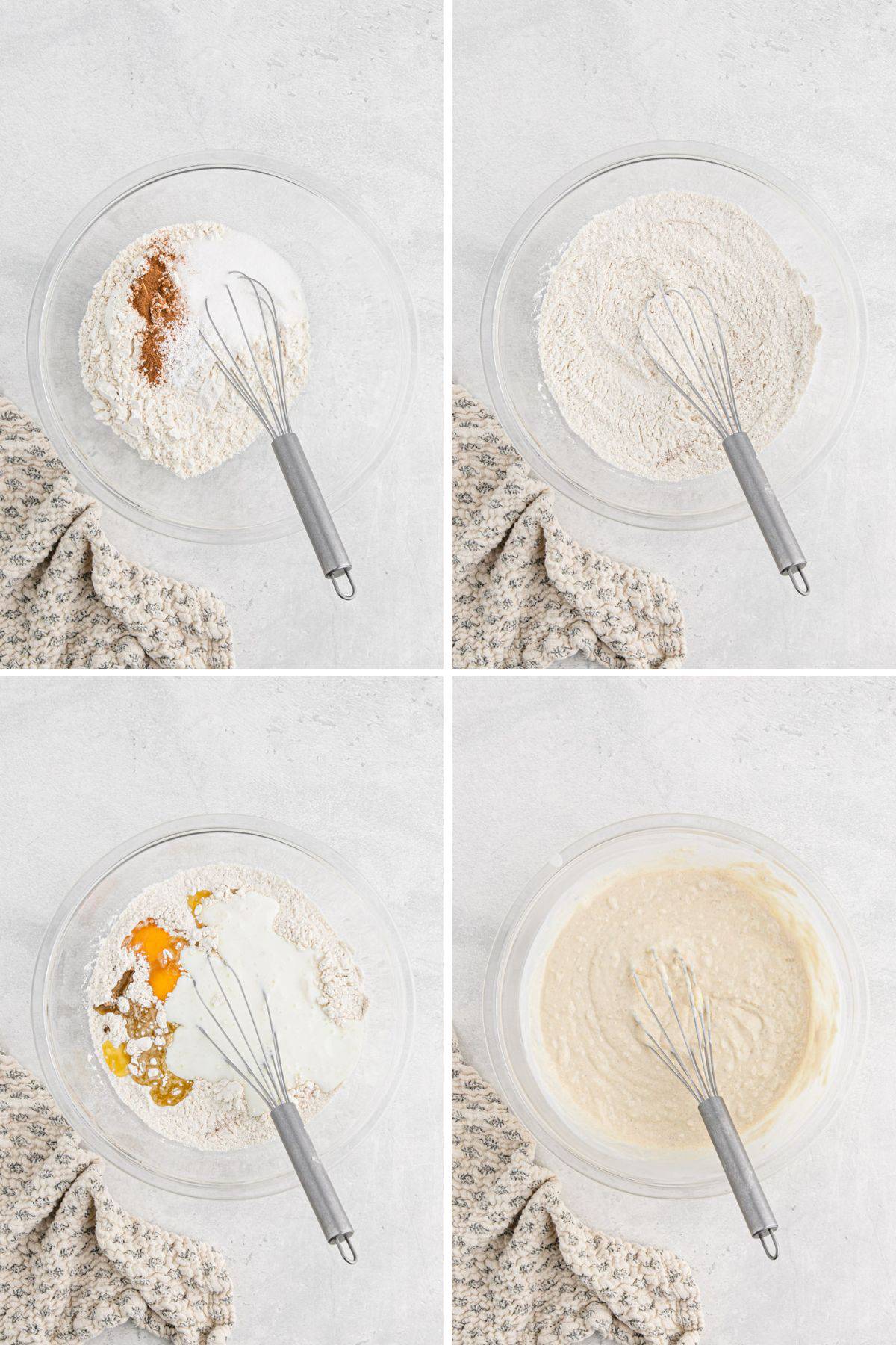 A collage of images showing mixing the waffle batter from mixing the dry ingredients, wet ingredients and finally mixing them together.