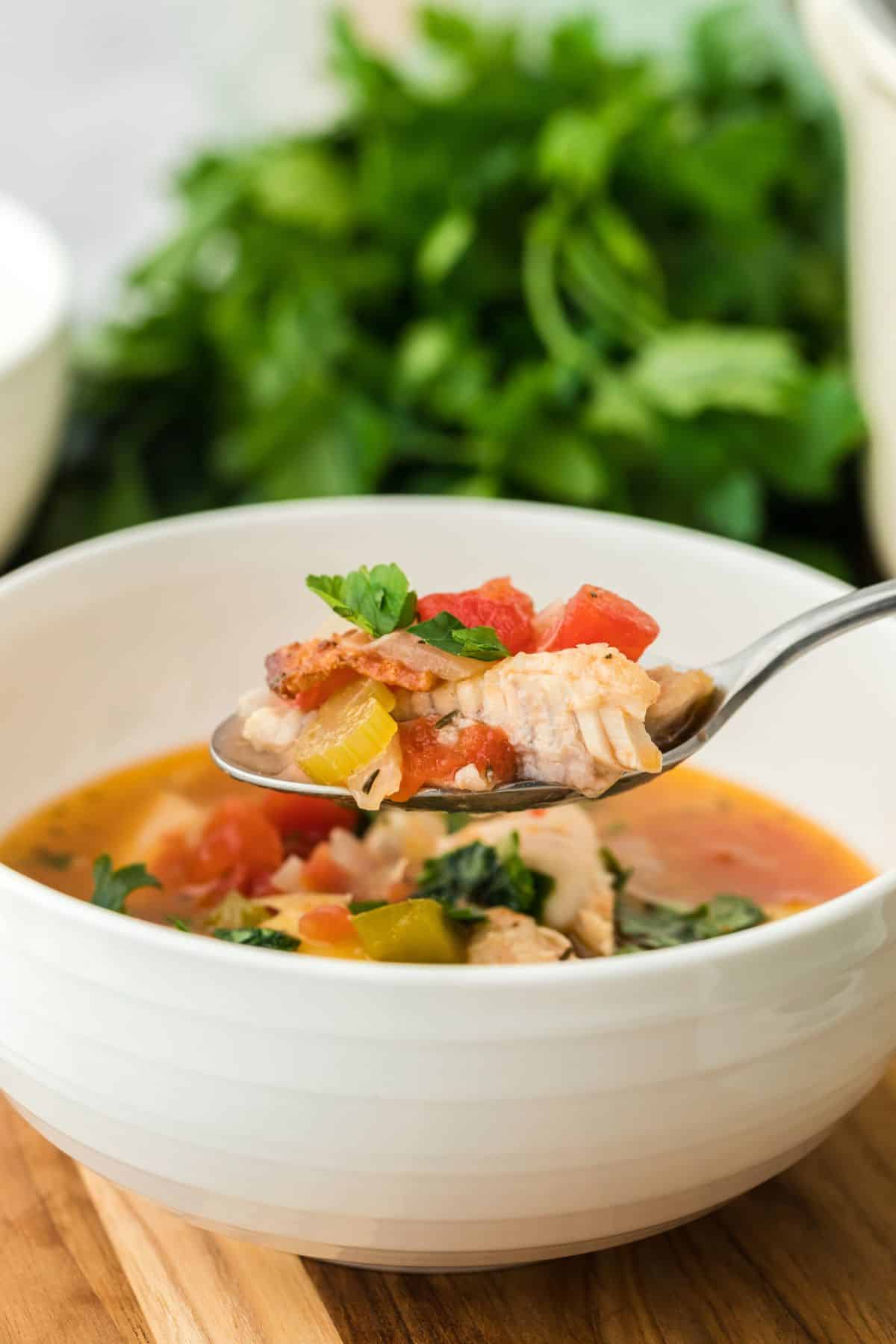 Closeup of a spoonful of catfish stew with chunks of fish, tomatoes, and vegetables lifted from a white bowl full of more stew