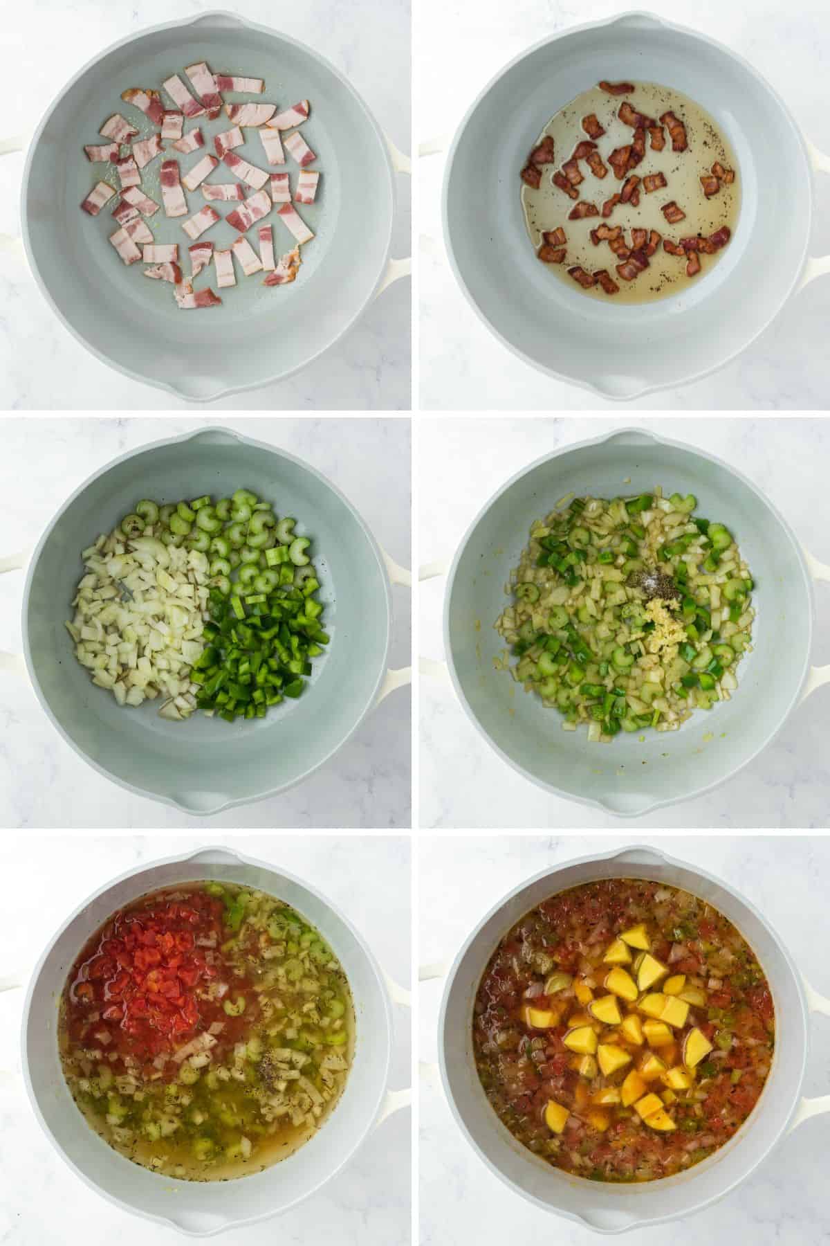 Collage of steps to make catfish stew including cooking the bacon, cooking and seasoning the veggies, adding the tomatoes, pouring the broth and adding the potatoes