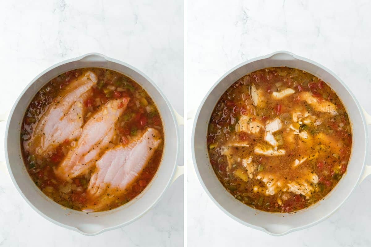 Collage of steps to make catfish stew including adding the catfish to the broth, and catfish flaking after cooking